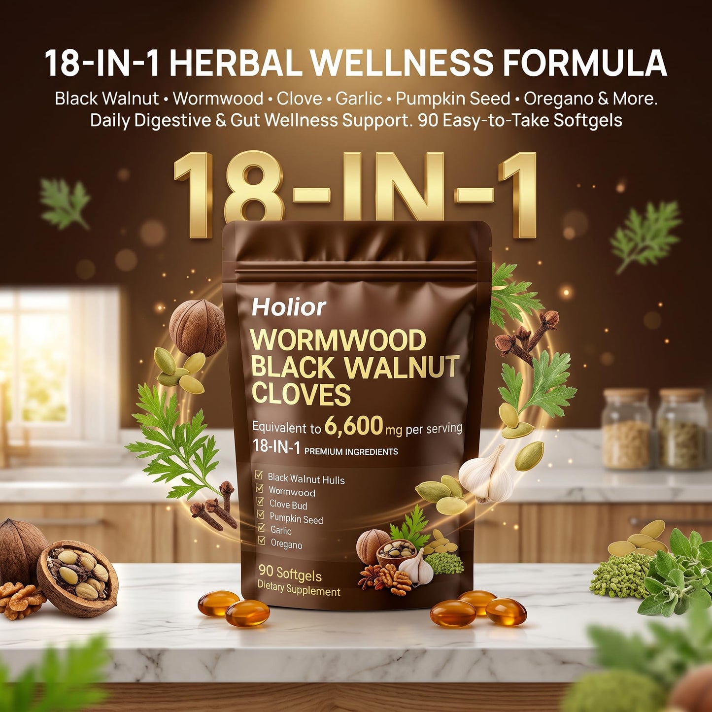 HOLIOR 18-in-1 Black Walnut Wormwood Herbal Wellness Blend with Clove, Garlic, Turmeric, Pumpkin Seed, Oregano, Berberine & More Daily Digestive & Gut Balance Support Supplement 90 Softgels