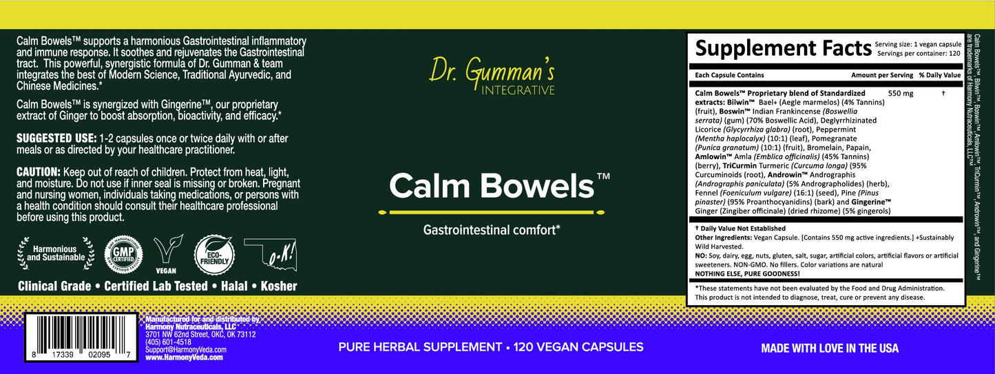 Harmony Nutraceuticals Calm Bowels - Gastrointestinal Comfort Dr Gumman's Integrative Highest Potency Maximum Bioavailable, 120 Capsules