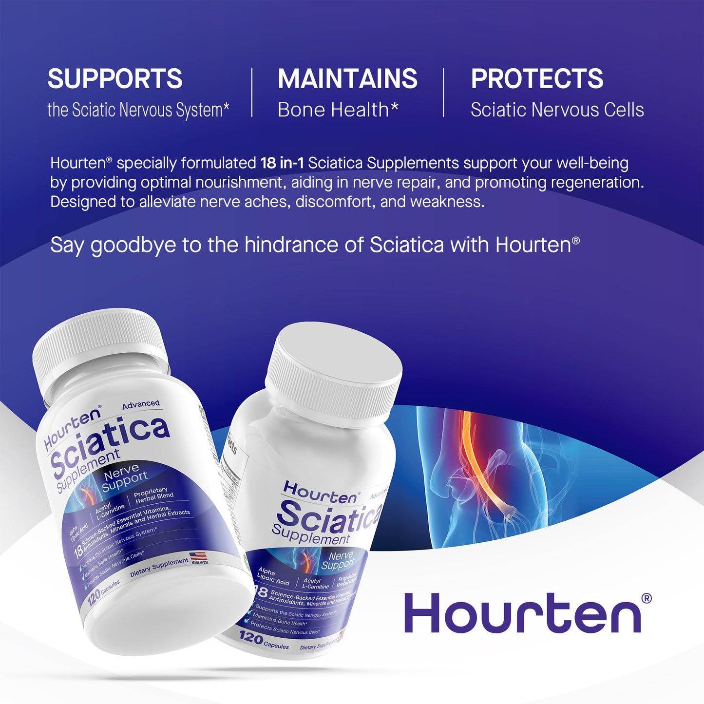 Hourten Advanced Sciatic Nerve Support Relief: Alpha Lipoic Acid - 18 in 1 Sciatica Supplements - Vitamin B Complex Capsules, 120 Count