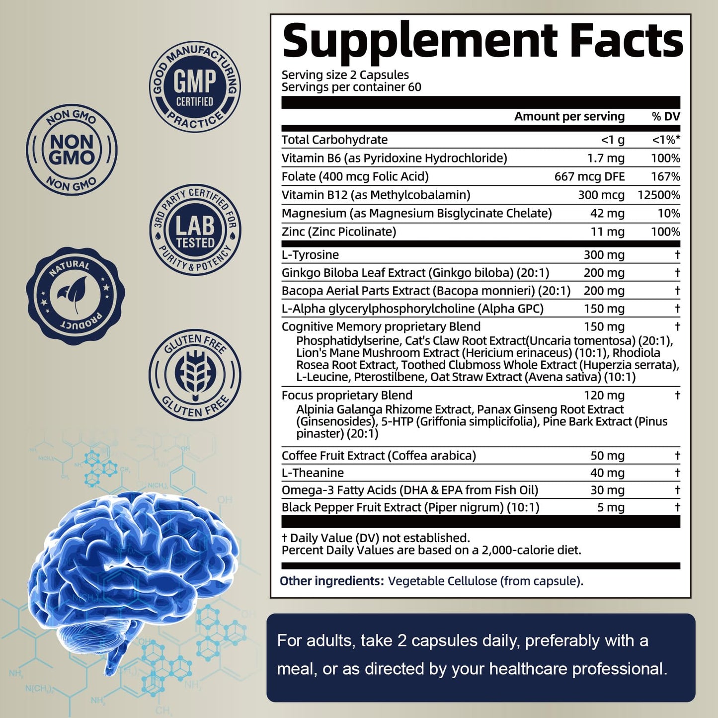 Totaria 25 in 1 Brain Supplements for Memory and Focus & Neuro Health Daily Brain Nootropic Cognitive Supplement with L-Tyrosine, Bacopa Monnieri, Ginkgo Biloba, Alpha GPC, 120 Capsules