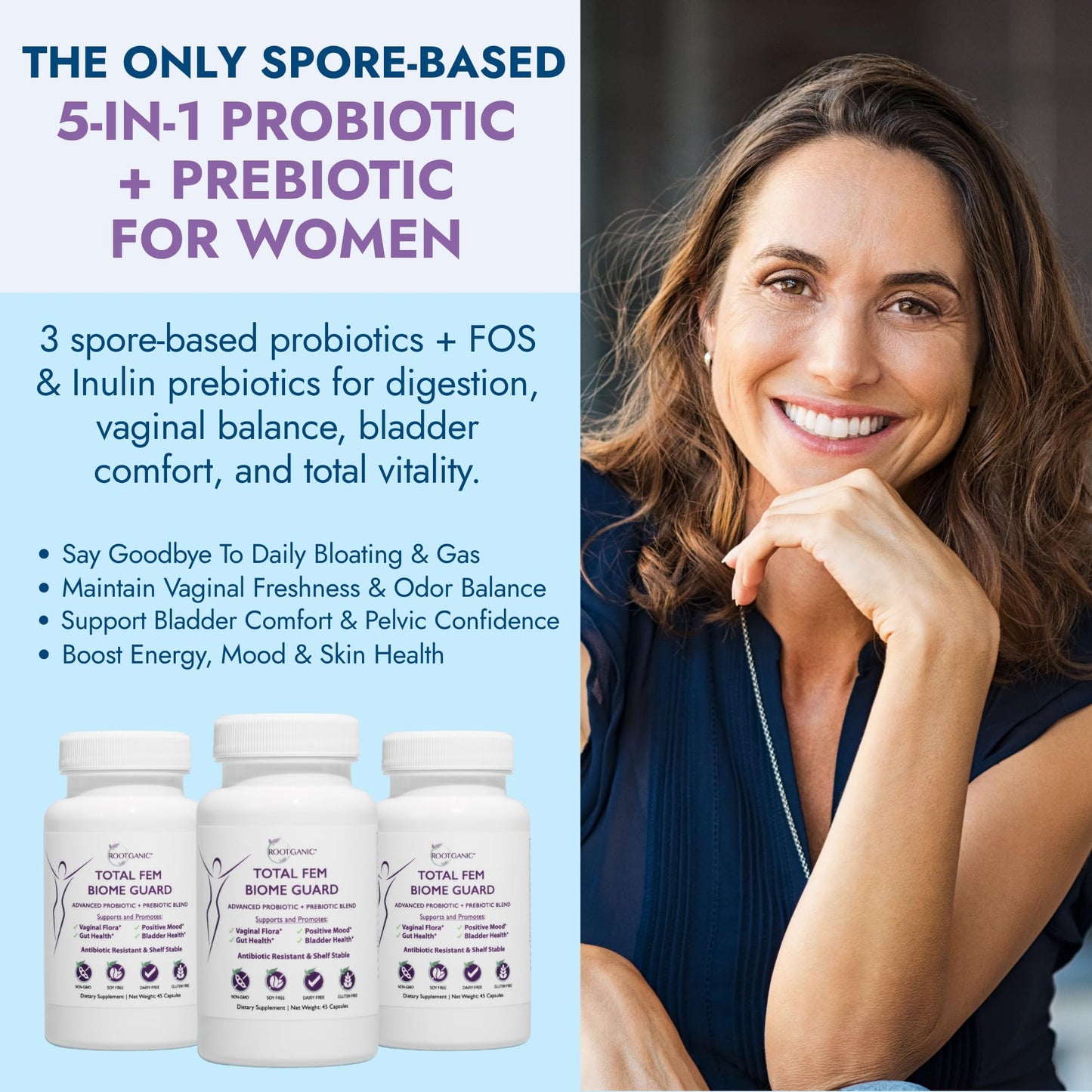 Rootganic Total Fem Biome Guard Pre+Probiotics for Women Capsule 45 Count