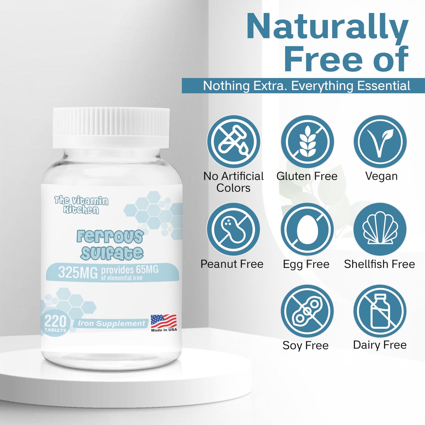 The Vitamin Kitchen Ferrous Sulfate 325 mg (65 mg Elemental Iron) High Potency Iron Supplement, 220 Tablets