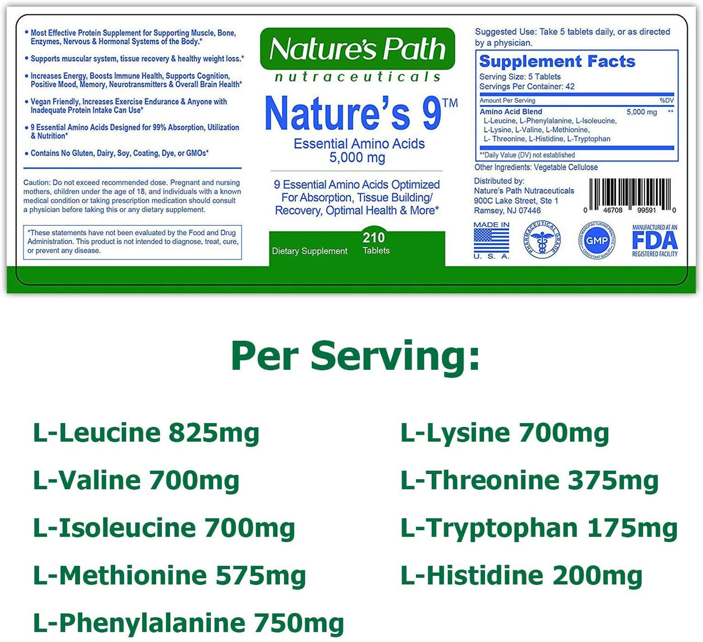Nature's Path Nutraceuticals Essential Amino Acids EAA Supplement – Complete Amino Acid Complex, Tablets, 210 Count