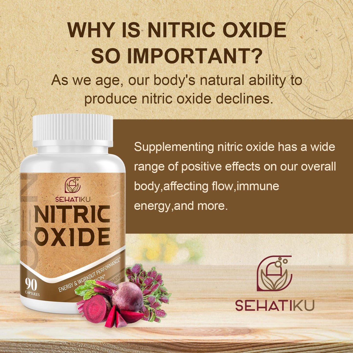 SehatiKu Nitric Oxide Supplement, Nitric Oxide Booster & 6-in-1 Phytonutrient Blend for Heart, Flow, Immune, 90 Capsules