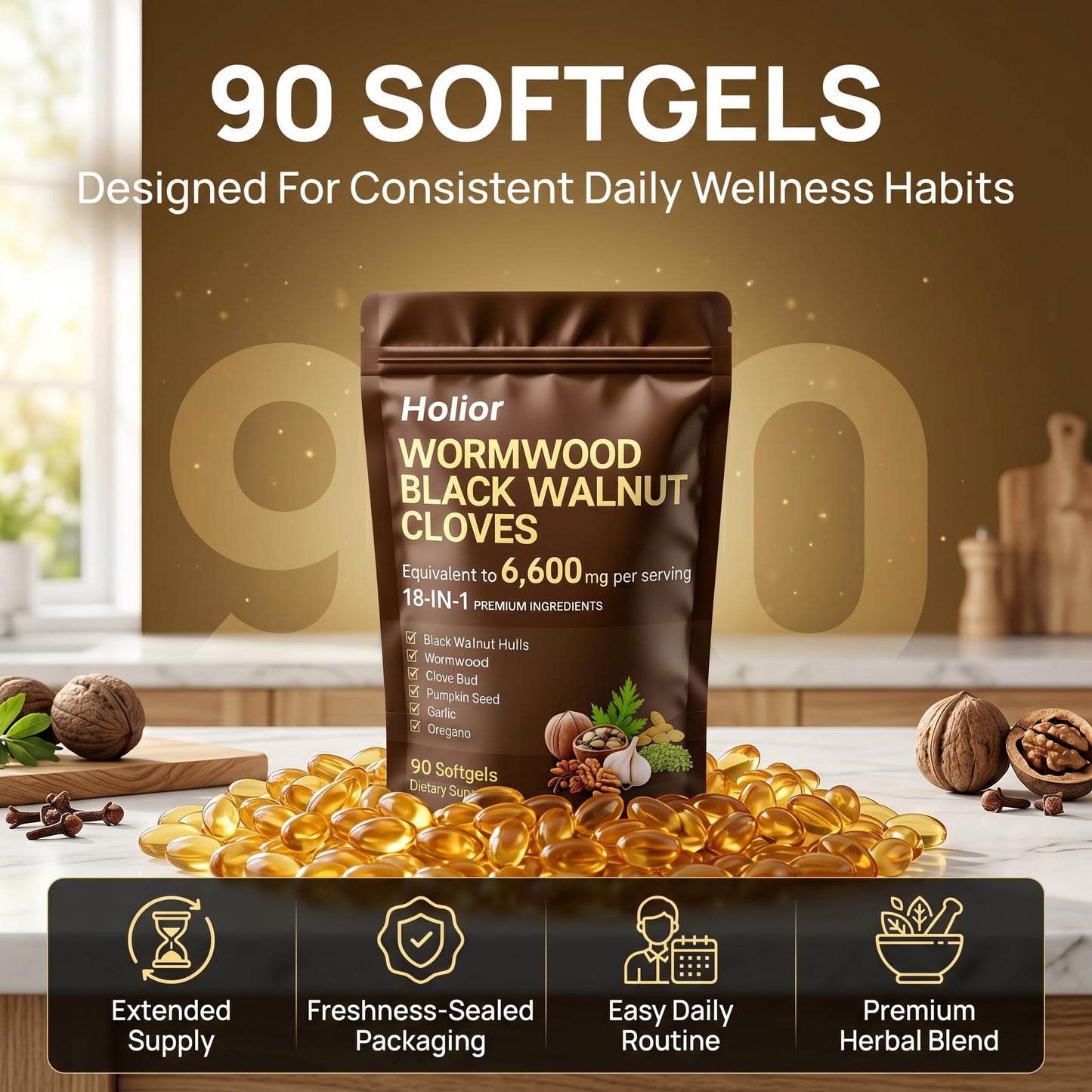 HOLIOR 18-in-1 Black Walnut Wormwood Herbal Wellness Blend with Clove, Garlic, Turmeric, Pumpkin Seed, Oregano, Berberine & More Daily Digestive & Gut Balance Support Supplement 90 Softgels