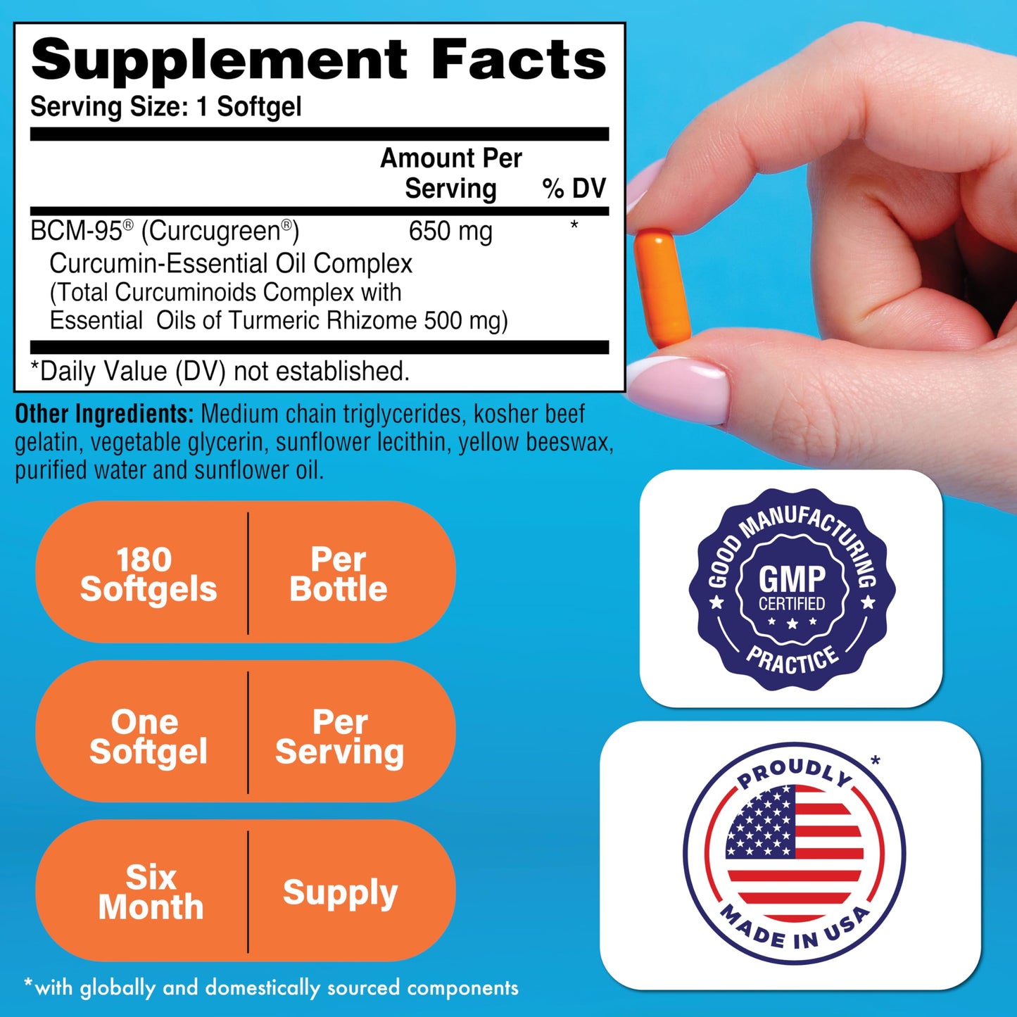 Health Thru Nutrition Curcu-Gel 650mg BCM-95 CurcuGreen Turmeric Curcumin Capsules, 180 Count