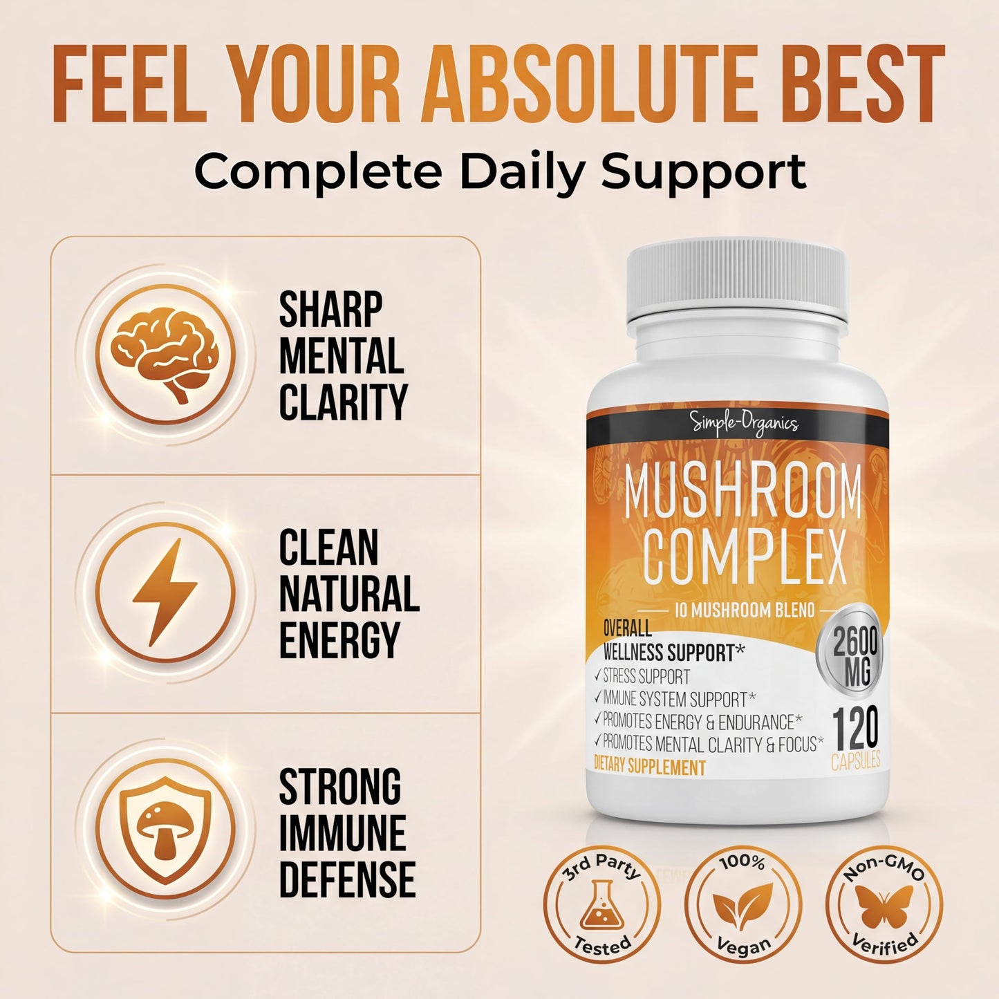 Simple-Organics 10 Mushroom Brain Supplement for Memory & Focus 2600mg 120 Capsules