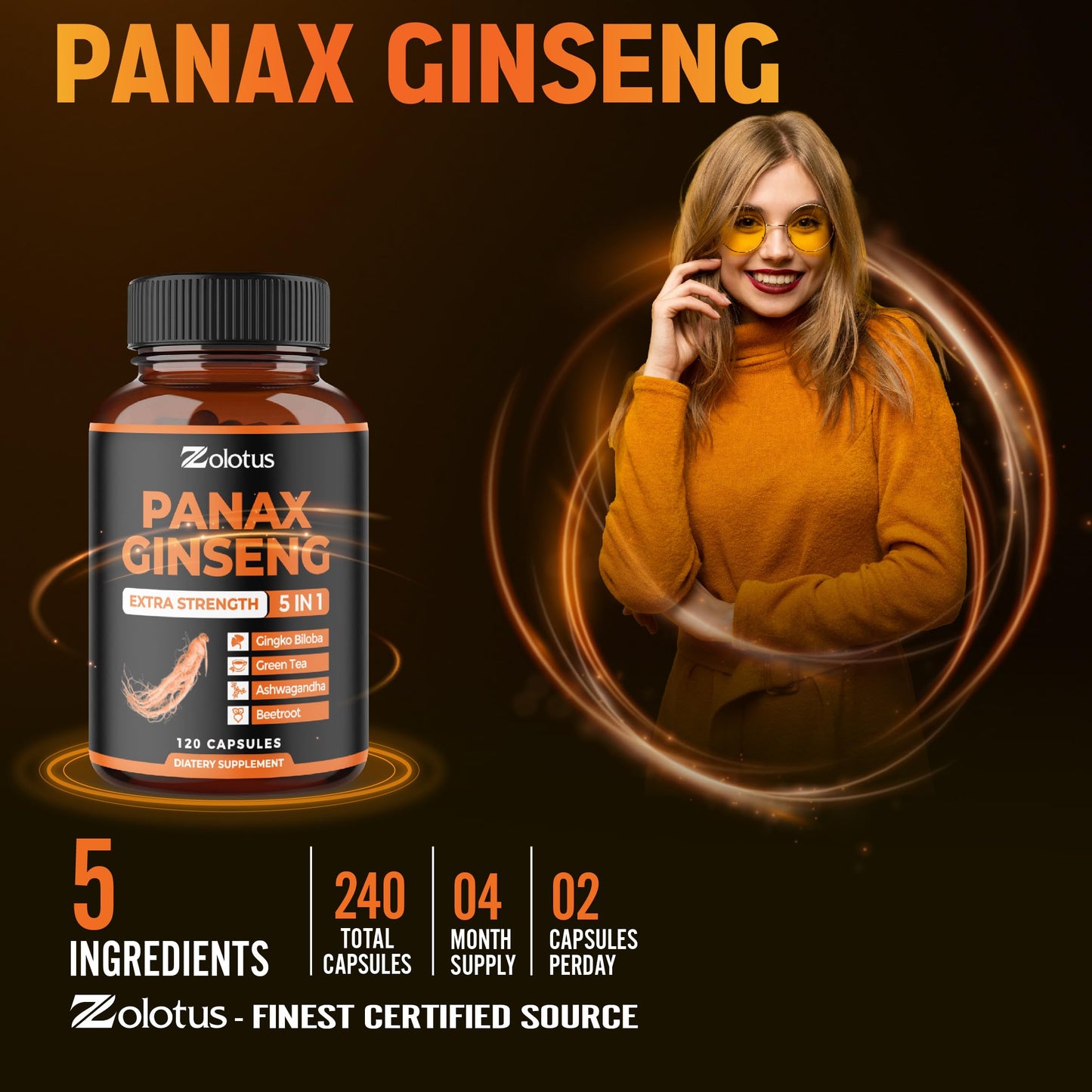 Zolotus Korean Red Panax Ginseng + Ginkgo Biloba, Ashwagandha, Beetroot, Green Tea Capsules 240