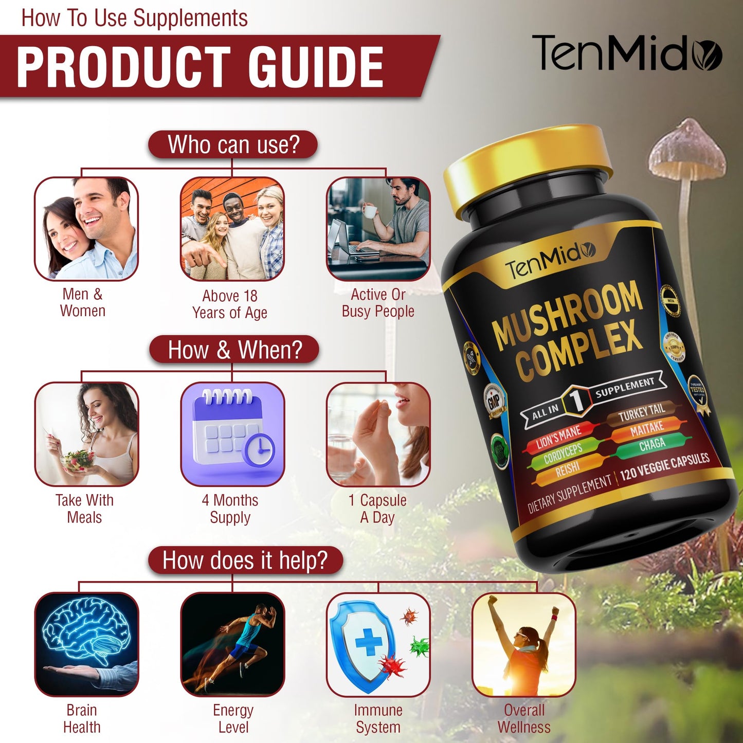 Tenmido Mushroom Complex Supplement Capsules 120 Count