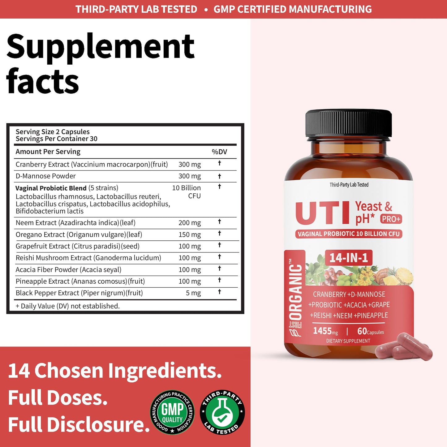 FIRSTORGANIC UTI Yeast & pH Pro+ Capsules, 120 Count