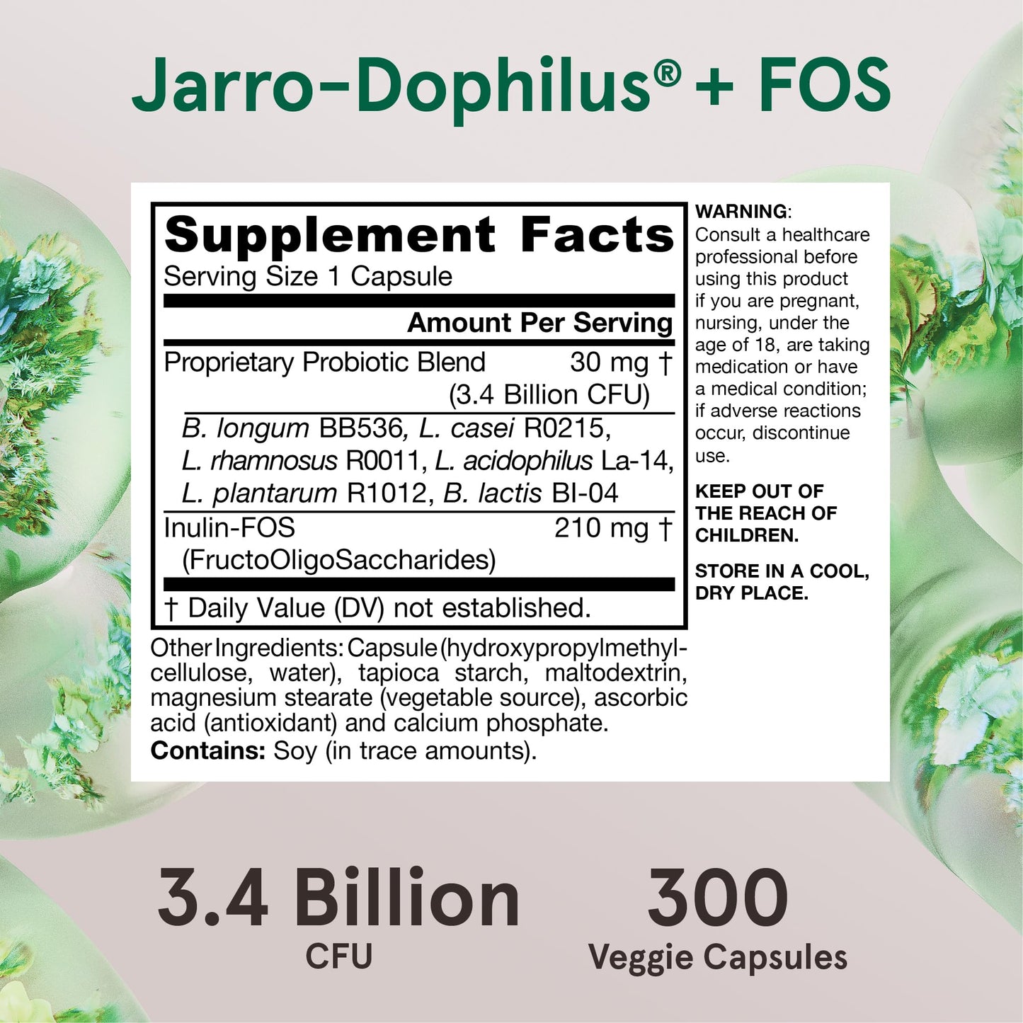 Jarrow Formulas Jarro-Dophilus + FOS 3.4 Billion CFU Per Serving Prebiotic & Probiotics Supplement for Immune & Intestine Support, Capsule, 300 Capsules