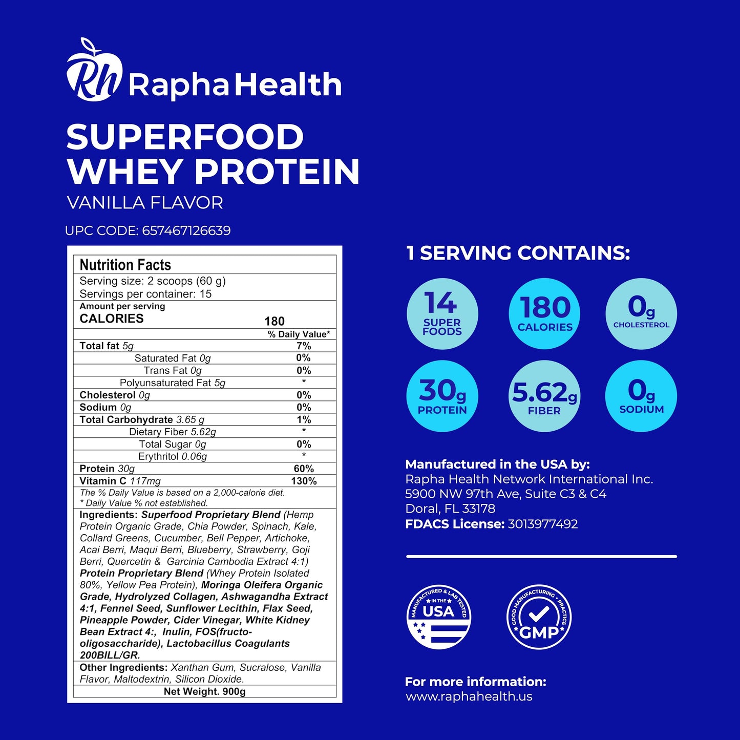 RAPHA HEALTH Superfood Whey Protein Powder (Vanilla), 1.98 lb