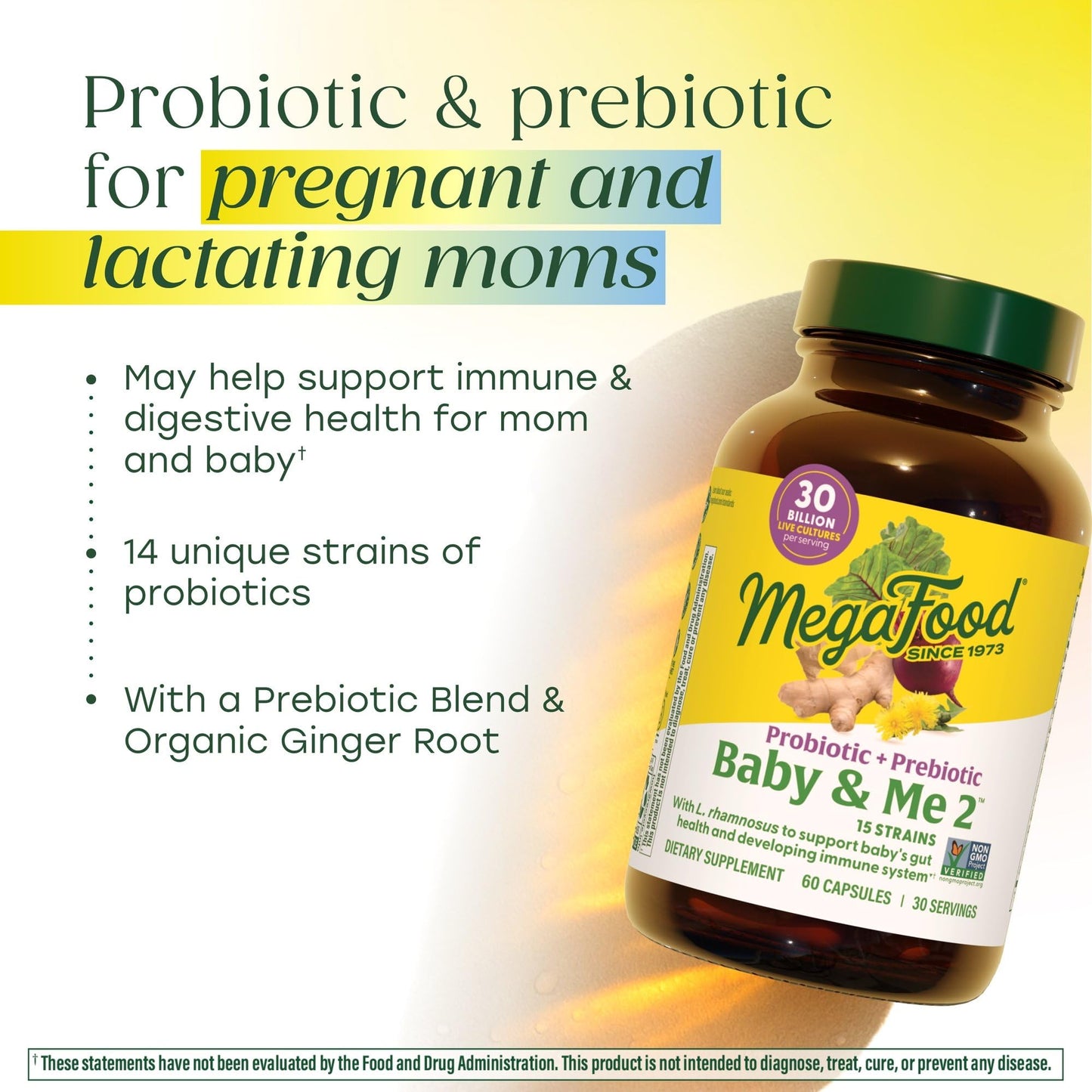 MegaFood Baby & Me 2 Prenatal Prebiotics and Probiotics for Women & Developing Baby with 30 Billion CFU 60 Capsules