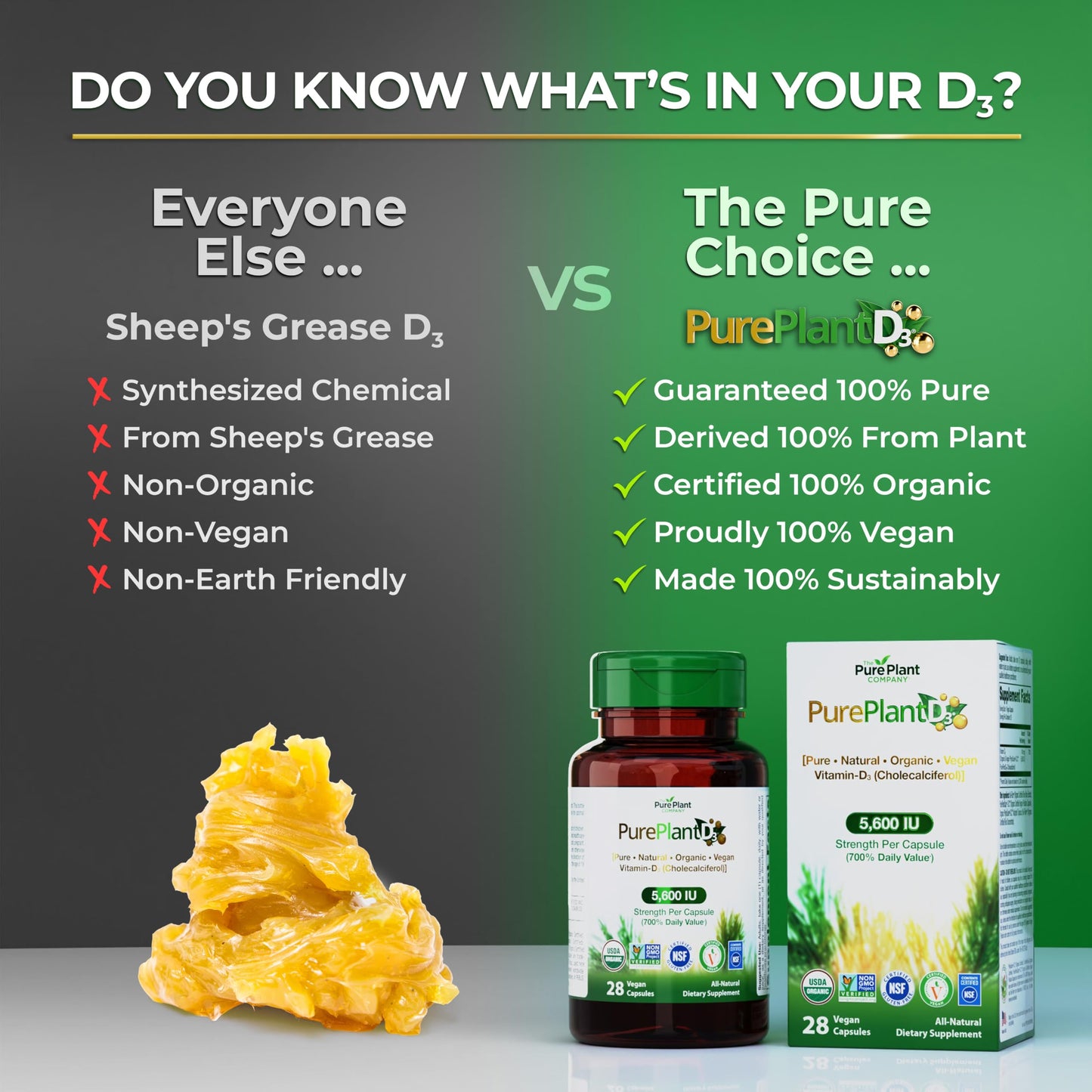 The Pure Plant Company PurePlantD3 Vegan Vitamin D3 5600 IU Organic Plant-Based Capsules, 28 Count