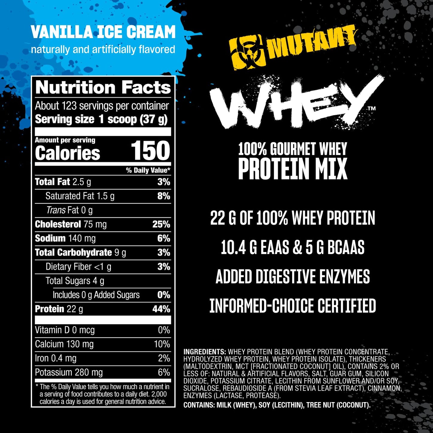Mutant Whey Protein Powder, Vanilla Ice Cream, 5 lb, 80 Servings