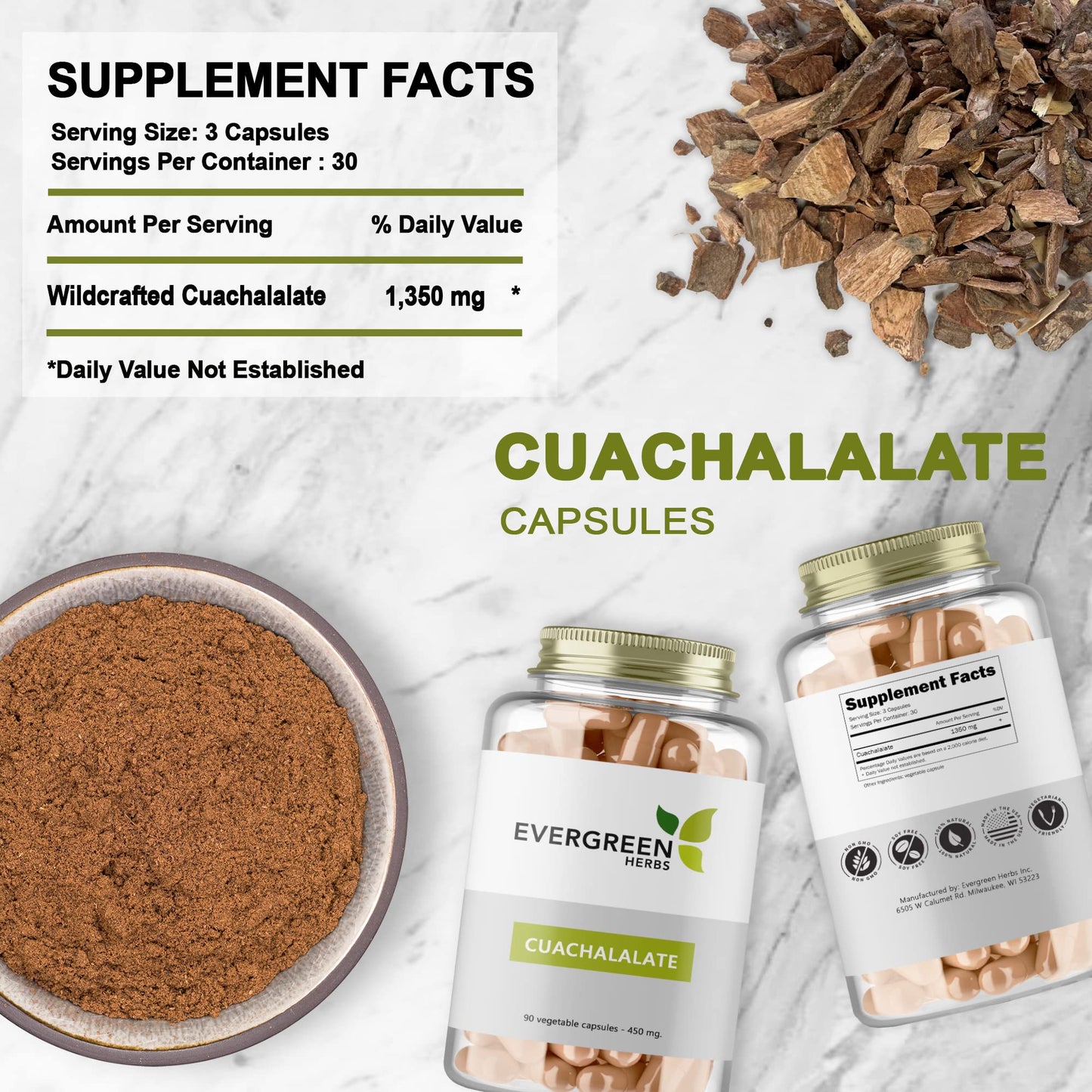 Evergreen Herbs Cuachalalate Herb (Amphipetyglum Adstringens) Capsules, 90 Count