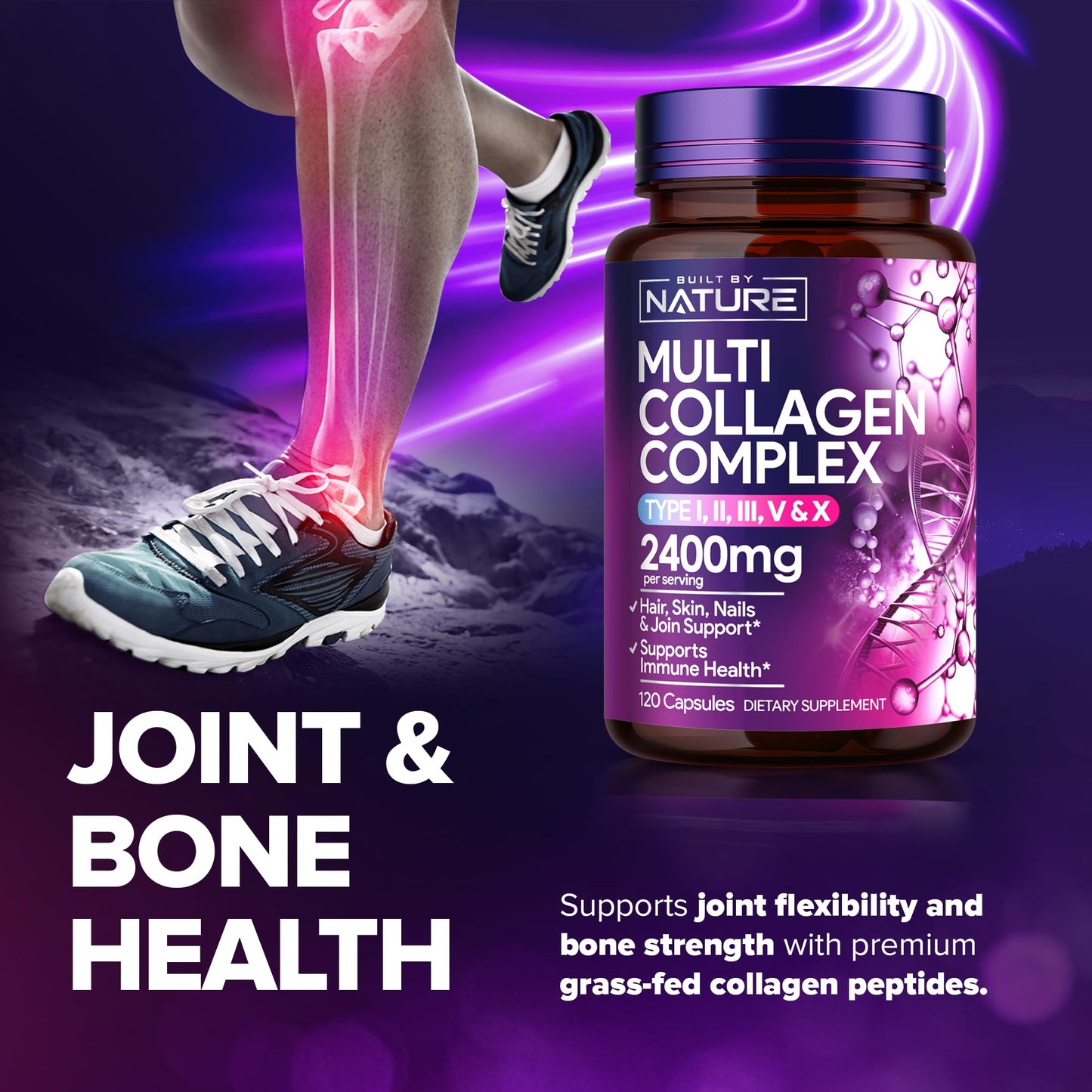 Built by Nature Multi Collagen Peptides Complex Supplement for Women Capsules, 120 Count