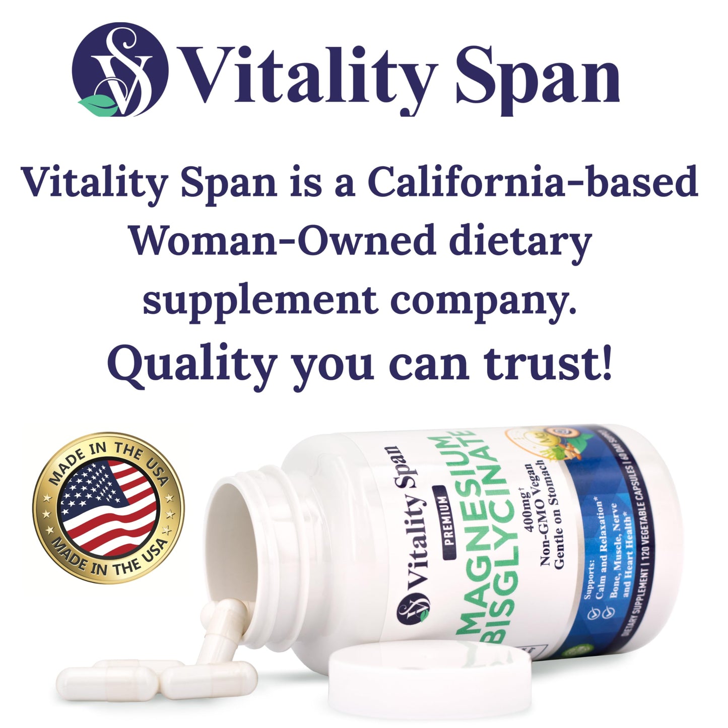 Vitality Span Magnesium Glycinate 400mg Capsules, 120 Count