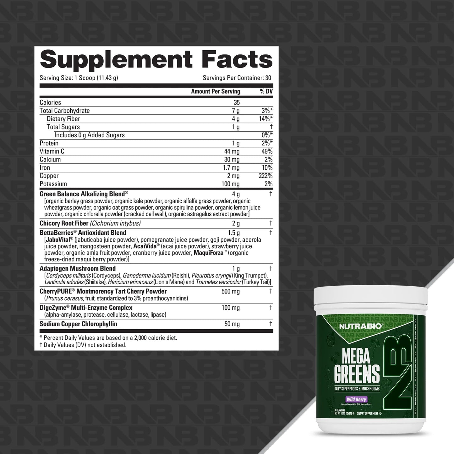 NutraBio Mega Greens Complete Daily Super Greens Powder Wild Berry 10 oz