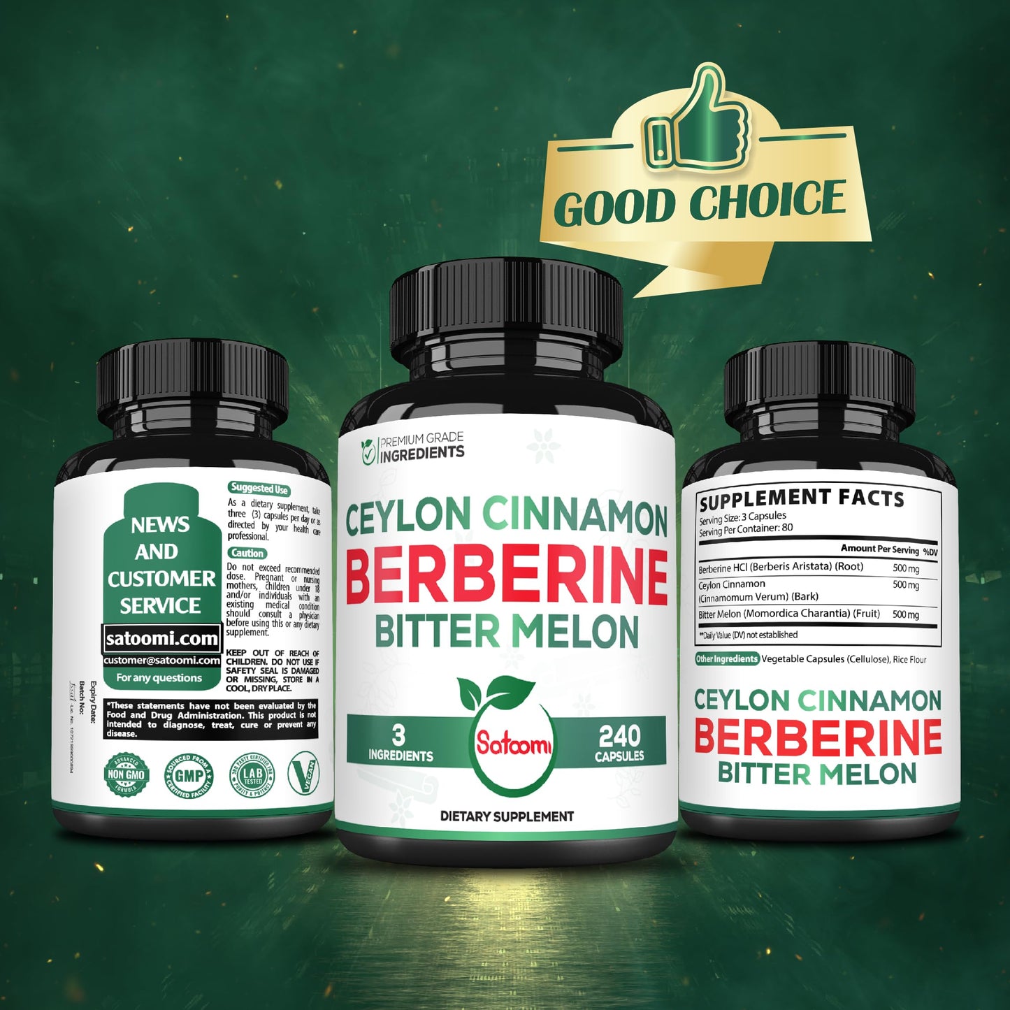Satoomi Berberine 1500mg Supplement with Organic Ceylon Cinnamon Bark & Bitter Melon, 240 Capsules