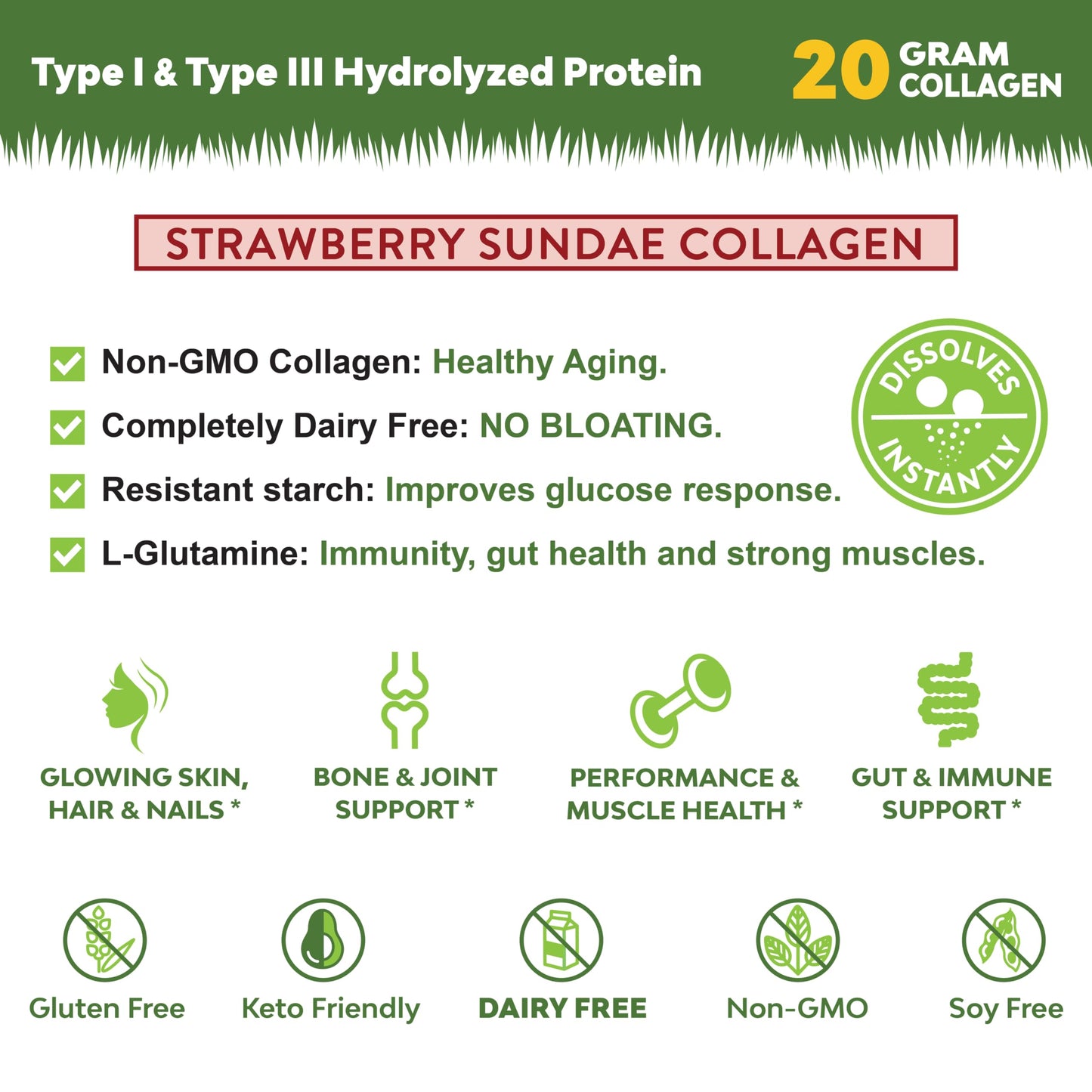 MariGold Grass-fed Collagen Peptides Powder Strawberry Sundae 16 oz
