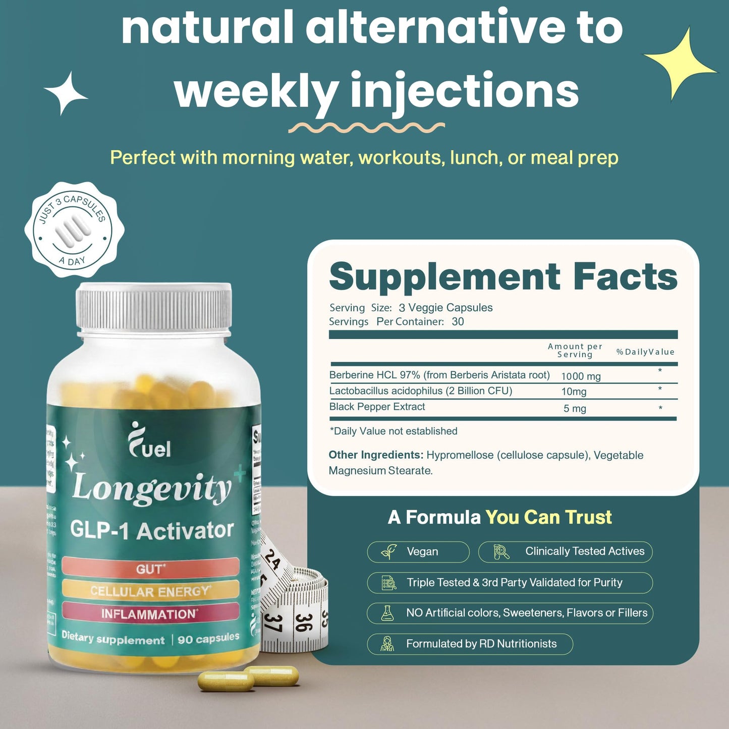 Fuel Natural Liposomal Berberine HCL Supplement Capsules, 1000mg, 90 Count