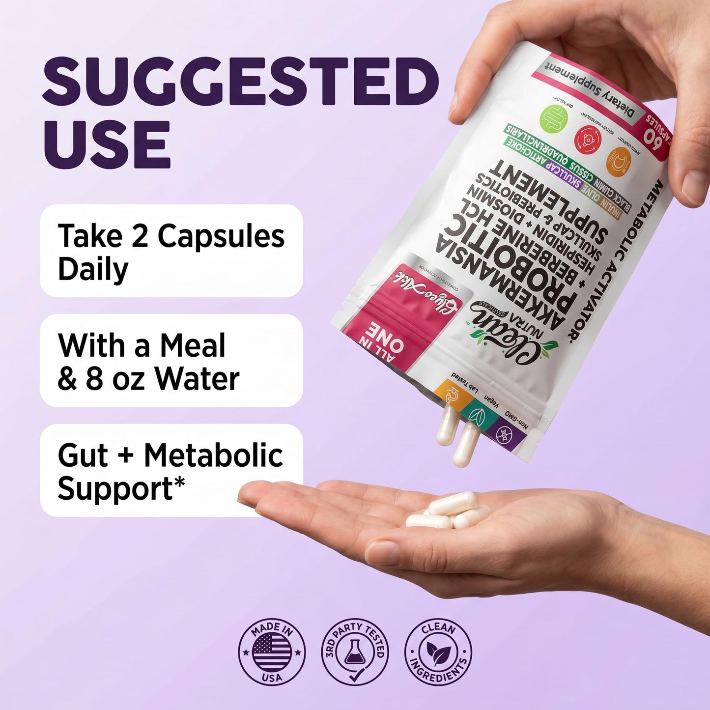 Clean Nutraceuticals Glyco Akk Akkermansia Probiotic with Berberine HCL, Hesperidin & Diosmin, Skullcap and Prebiotics, All-in-One Formula, Non-GMO, Vegan, Lab Tested, 60 Capsules