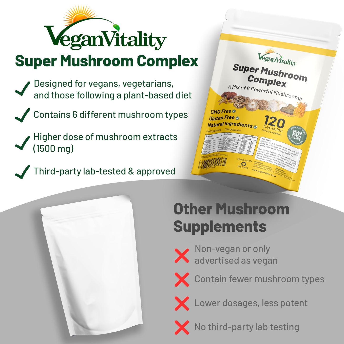 Vegan Vitality Multi Mushroom Supplement Complex Capsules, 60 Count