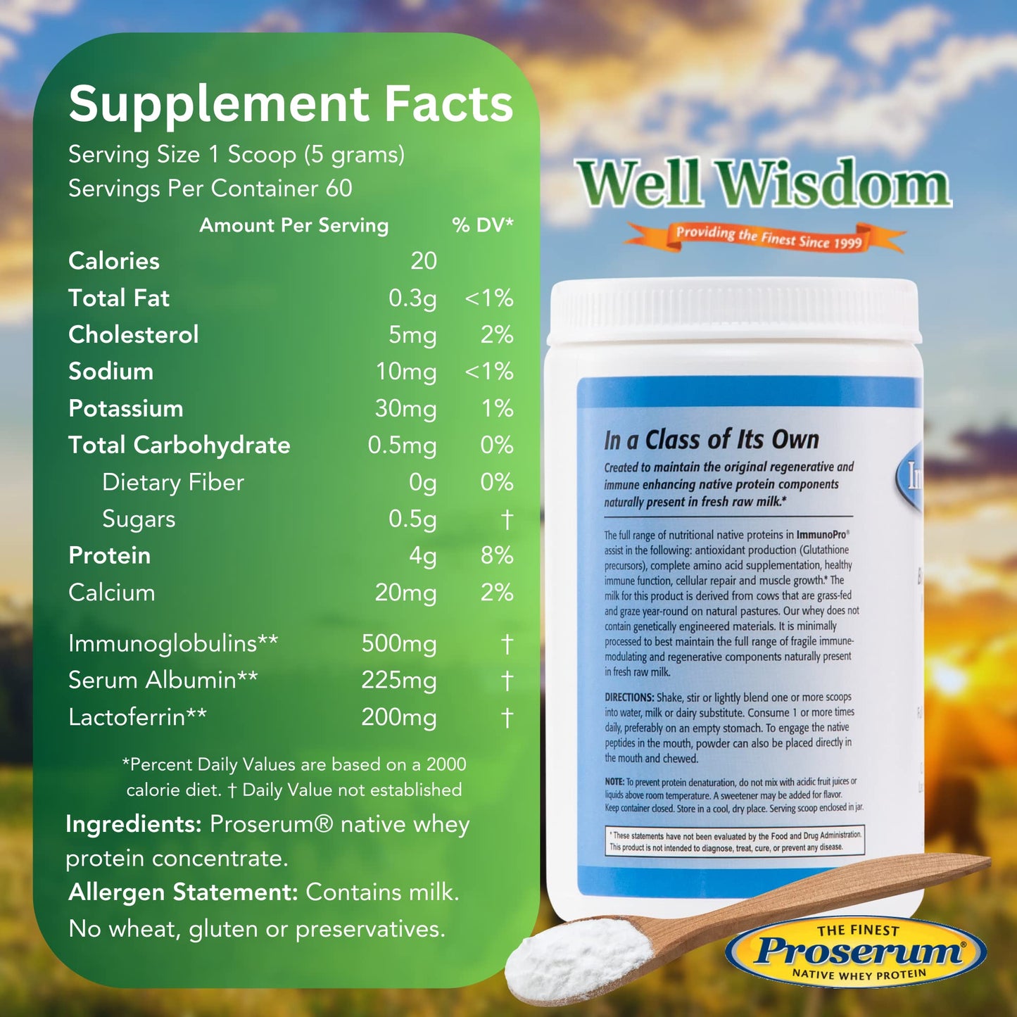 Well Wisdom Proteins ImmunoPro Grass-Fed Whey Protein Powder 10.6 oz