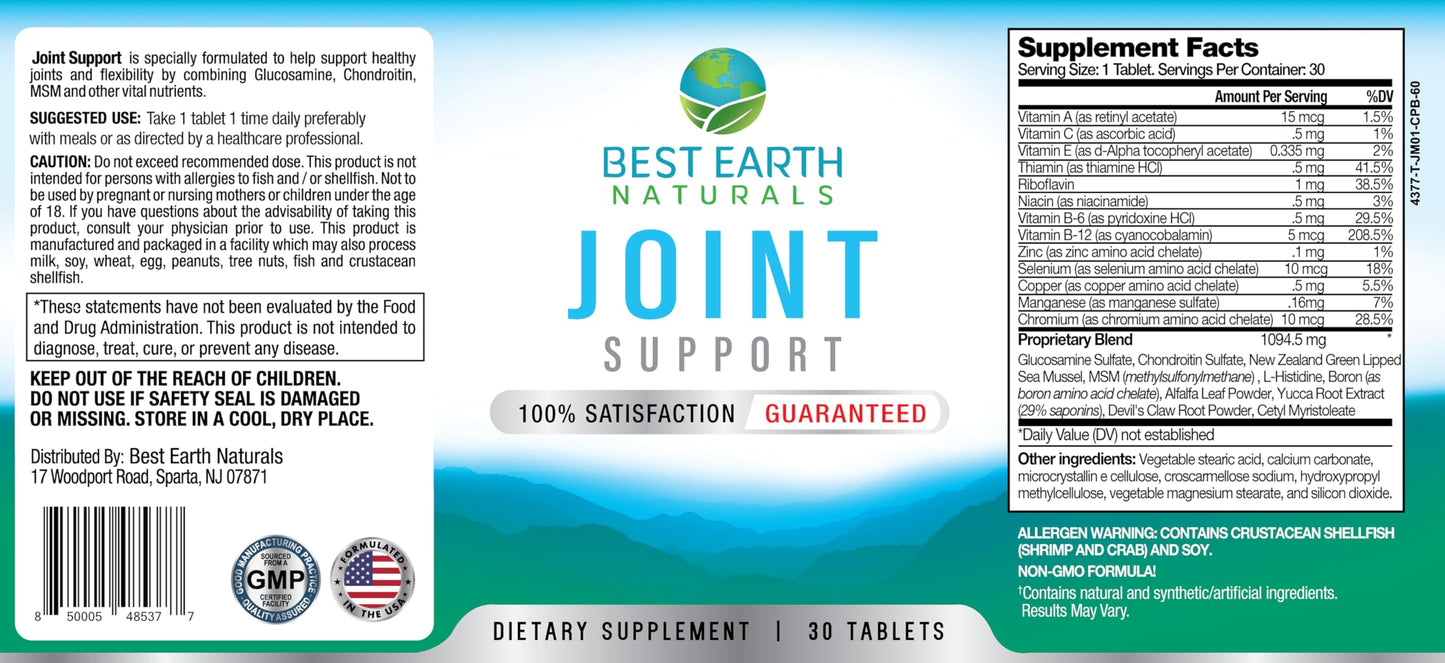 Best Earth Naturals Joint Support with Glucosamine, Chondroitin, MSM & Vitamins Tablets, 30