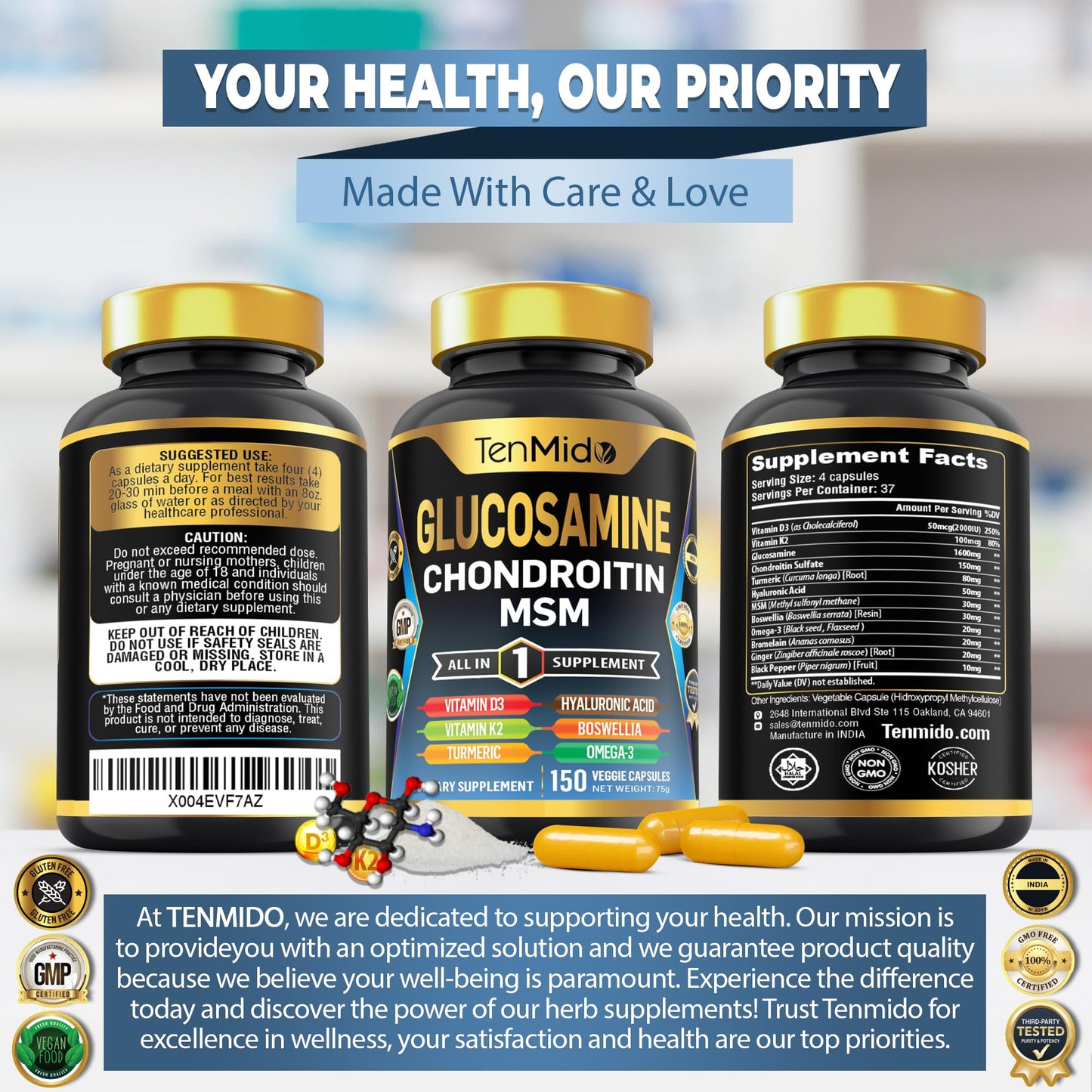 Tenmido Glucosamine Chondroitin MSM Supplement Capsules, 150 Count