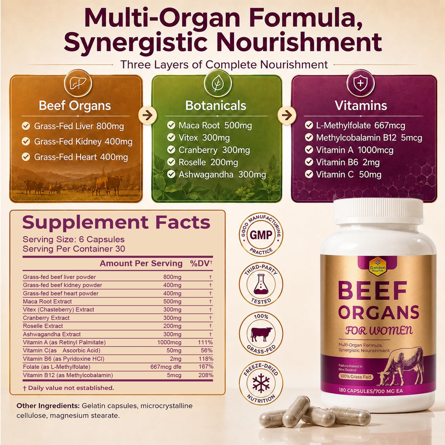 Golden Nourish Primal Beef Grass-Fed Organ Supplement for Women Liver, Kidney, Heart, Maca, Cranberry, Roselle, Ashwagandha & Vitamin Whole Food Supple with Botanical Blend Capsules 180