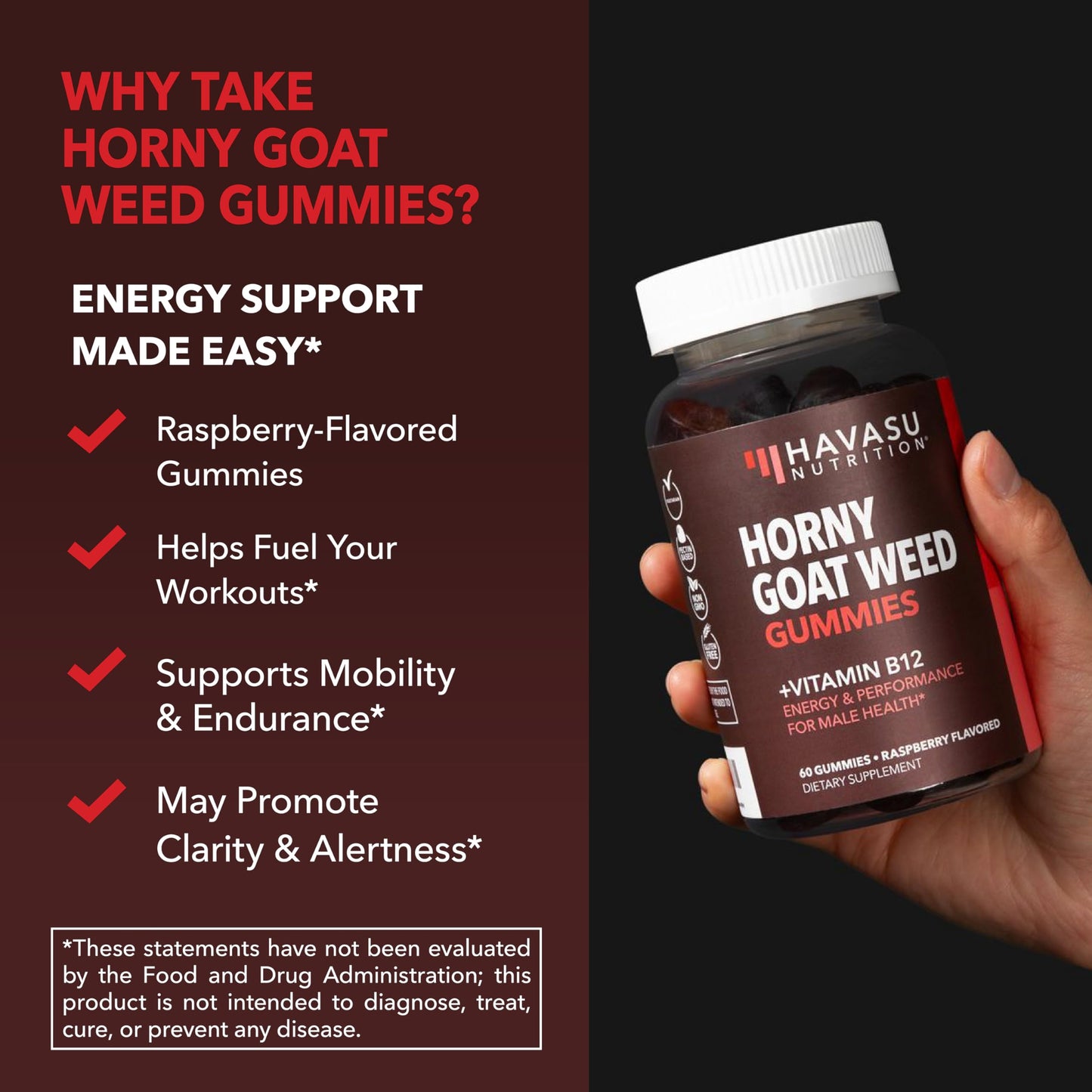 HAVASU NUTRITION Horny Goat Weed Gummies with Vitamin B12, Raspberry Flavor, 30 Count