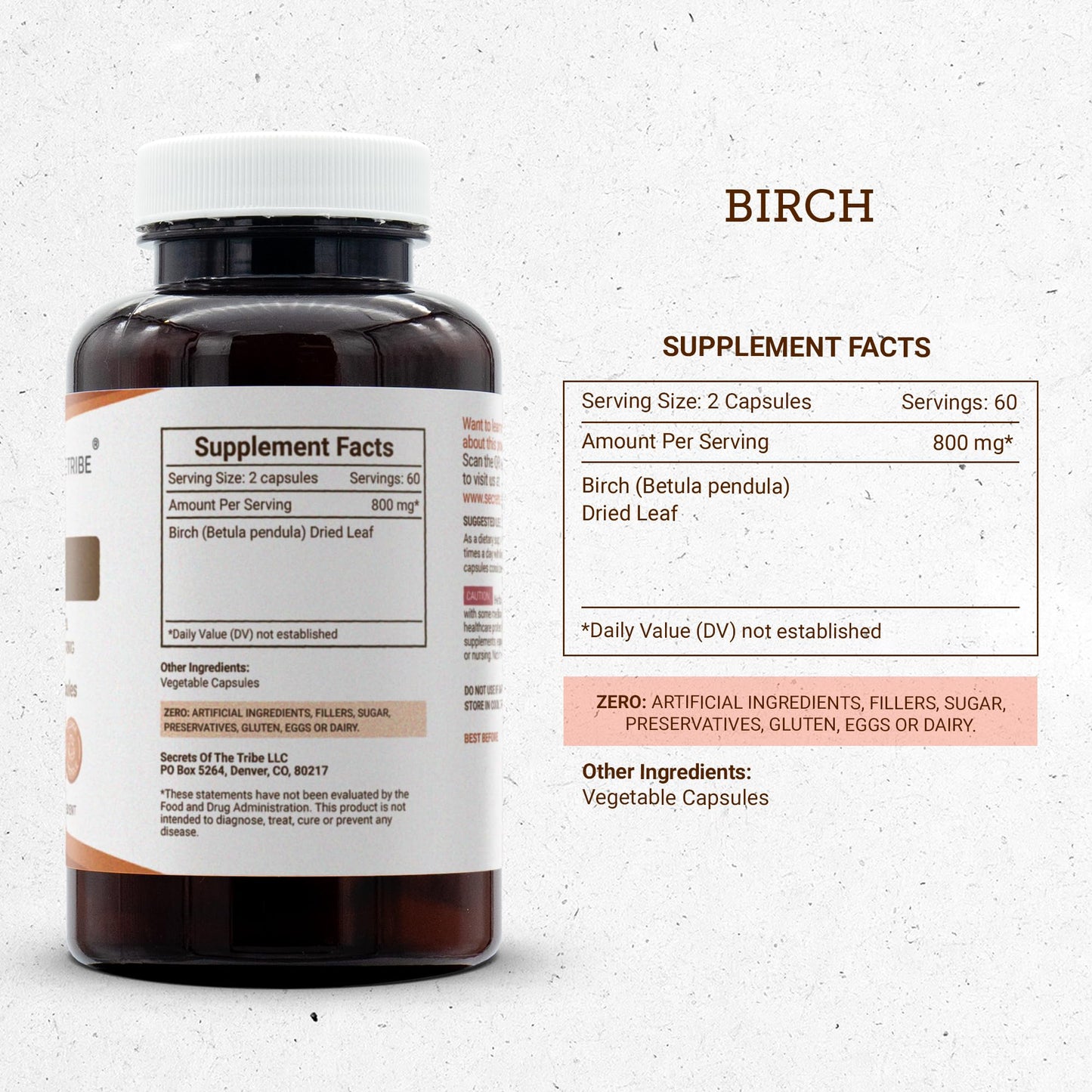Secrets of the Tribe Birch Dried Leaf 800 mg Capsules, 120 Count