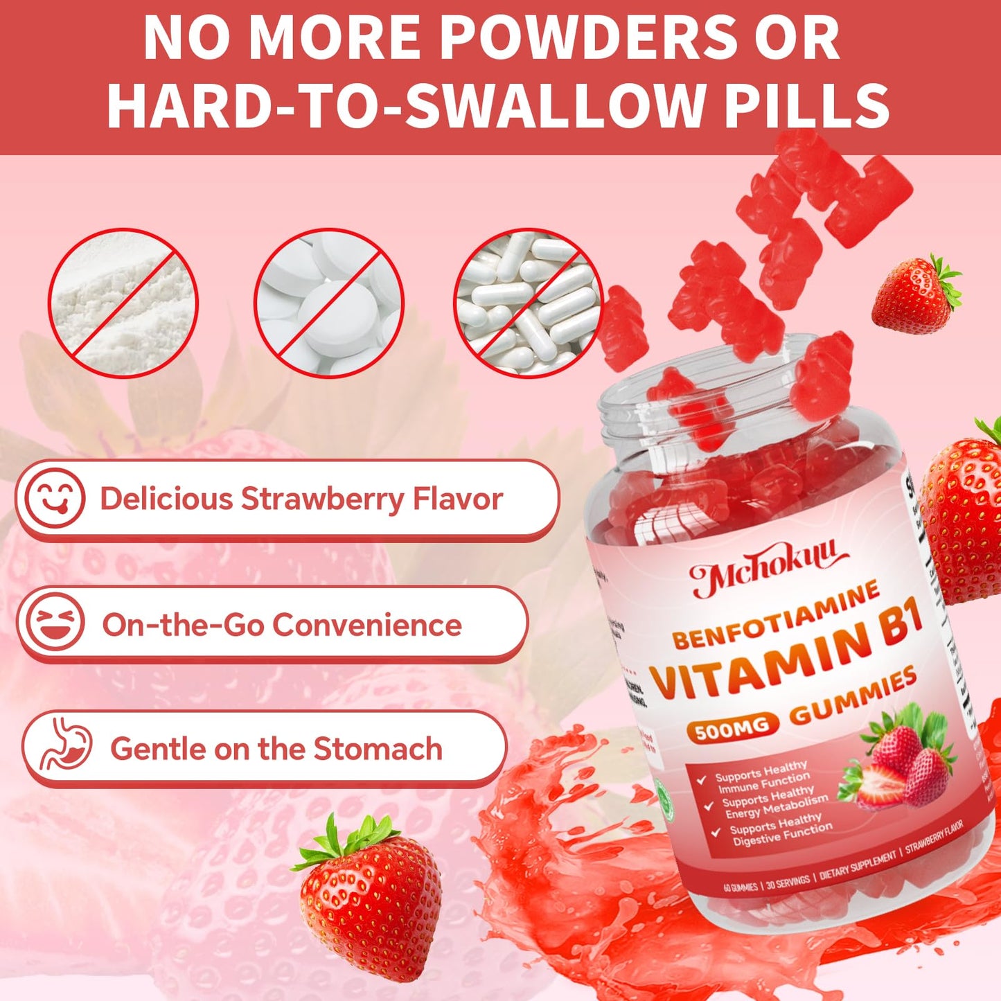 Mchokuu Vitamin B1 500mg with Benfotiamine – Thiamine Supplement for Women & Men, Sugar-Free | Vegan | Non-GMO, Natural Strawberry Flavor, 120 Gummies