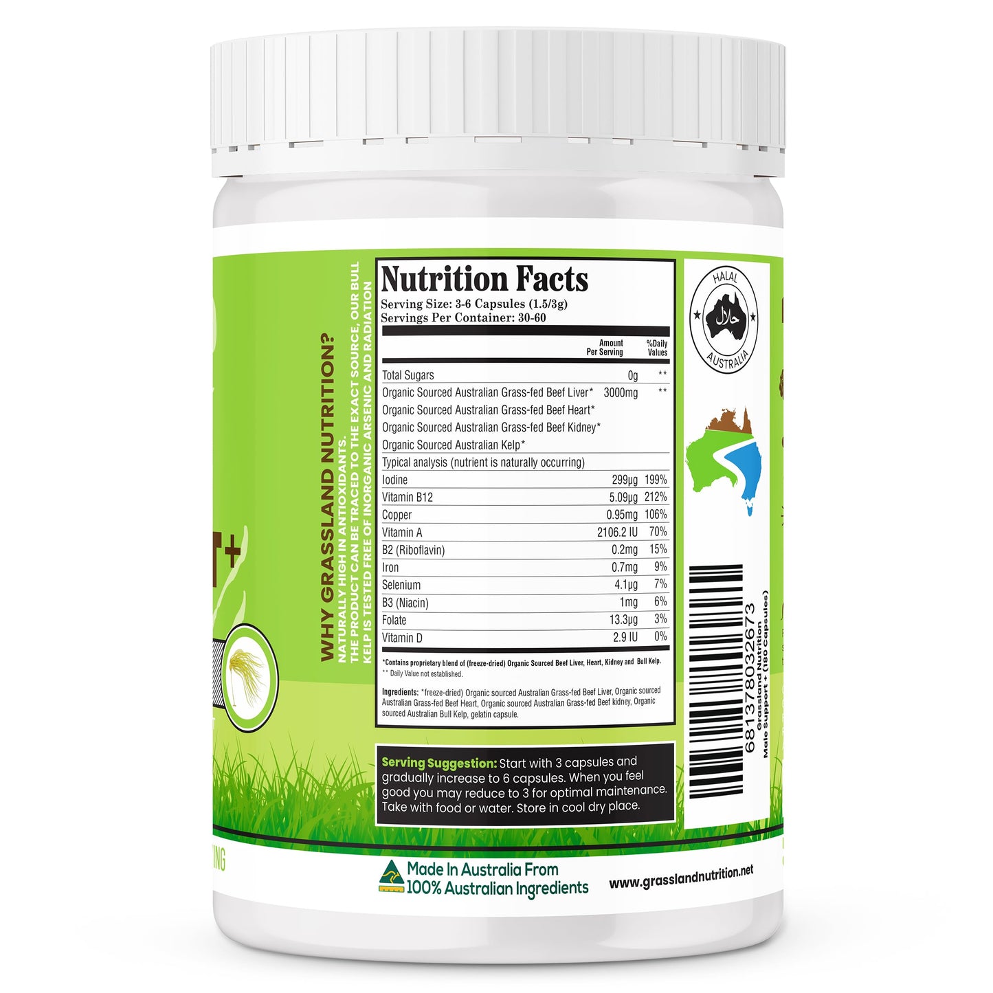 GRASSLAND NUTRITION Male Support Blend of Beef Organs Capsules, 180 Count