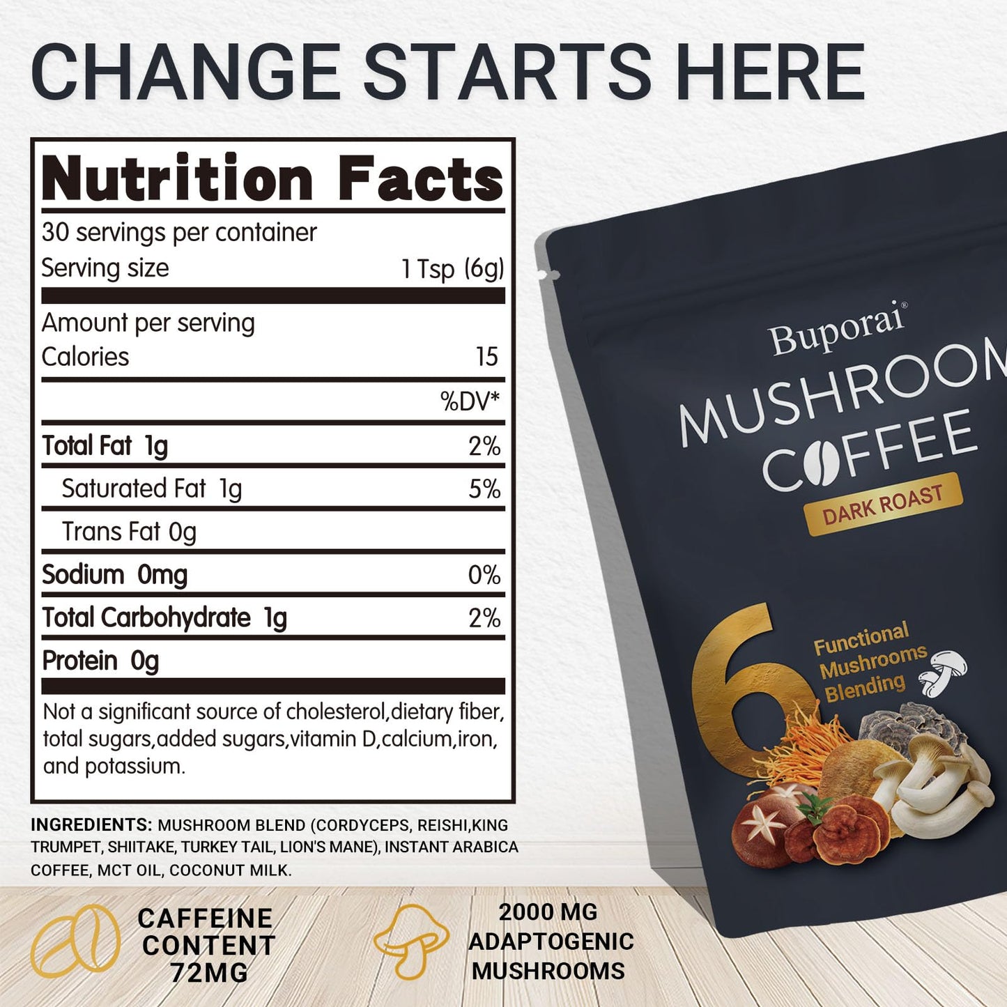 Buporai Mushroom Coffee Dark Roast Instant Powder with 6 Mushrooms Lion’s Mane, Cordyceps, Turkey Tail for Energy, Focus, Digestion, Immunity 6.35 oz