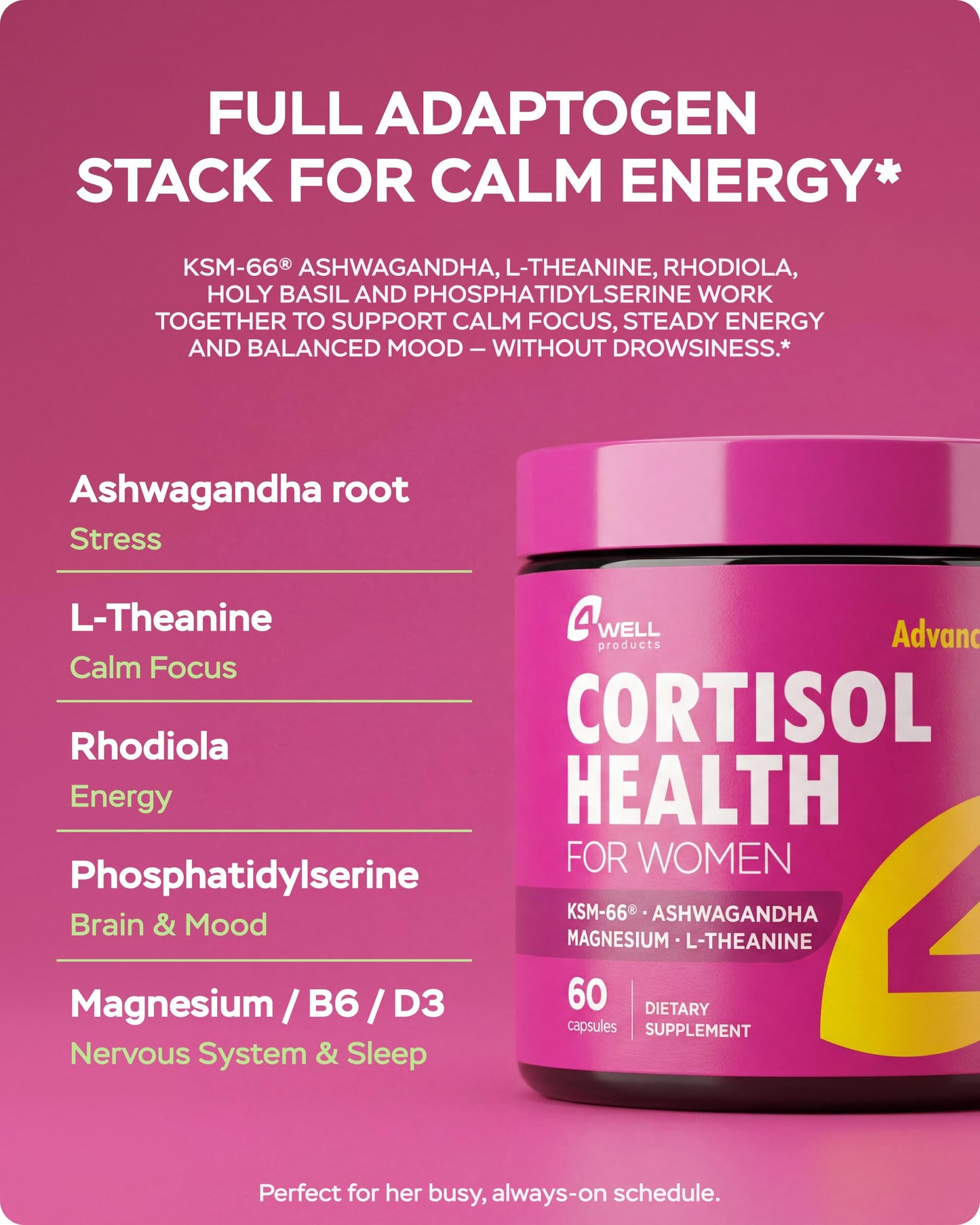 4Well Products Cortisol Support for Women with KSM-66® Ashwagandha, L-Theanine, Rhodiola & Phosphatidylserine, Daily Stress Formula for Calm Focus and Balanced Mood Capsule, 50 Count