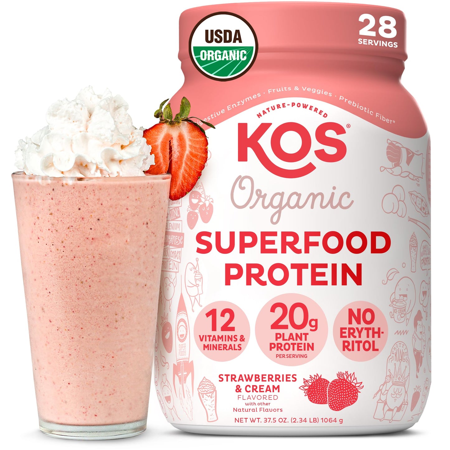 KOS Vegan Protein Powder Strawberries & Cream, USDA Organic - Low Carb Pea Protein Blend, Plant Based Superfood with Vitamins & Minerals, Gluten Free - 28 Servings, 38.5 oz