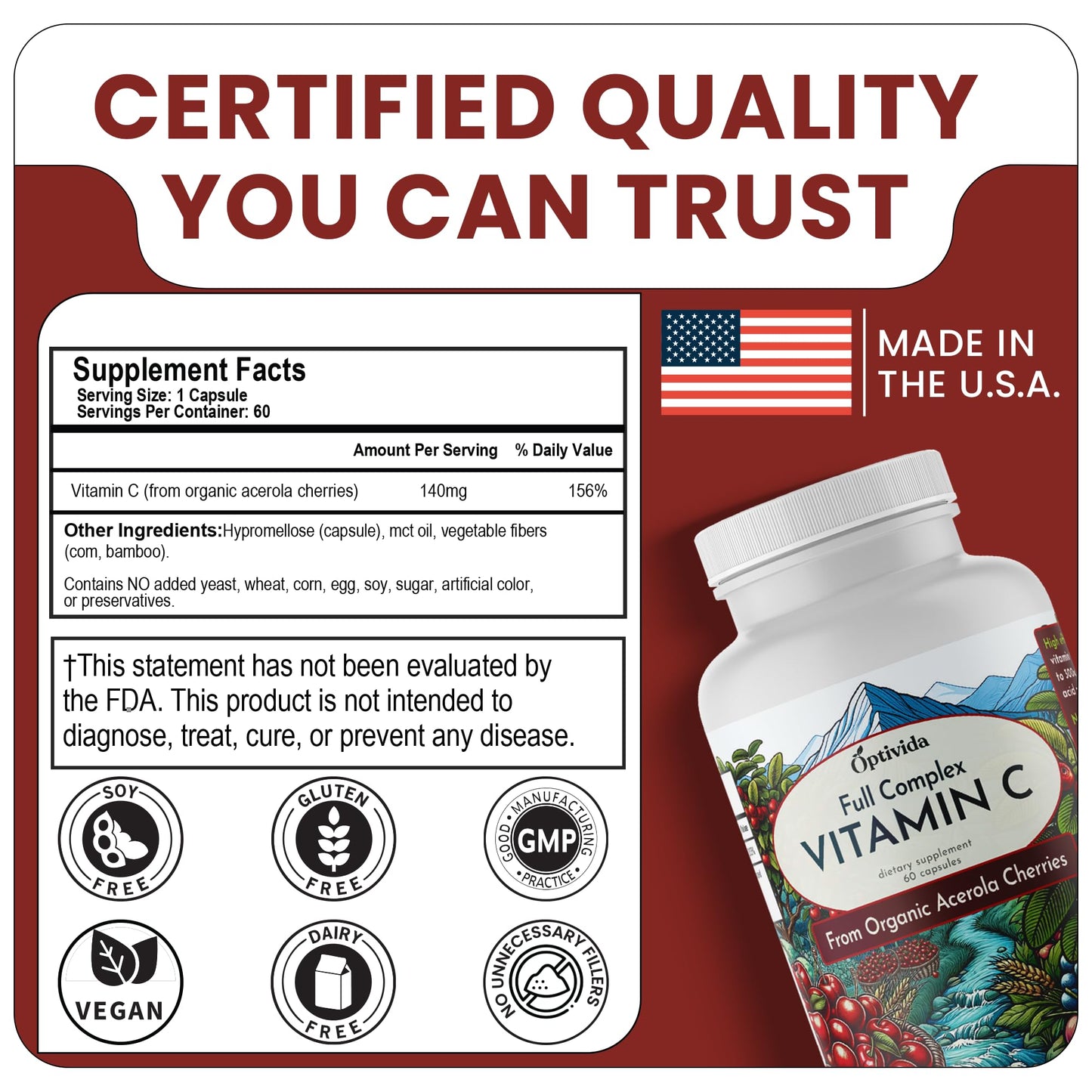 OPTIVIDA Acerola Cherry Vitamin C Capsules, 60 Count