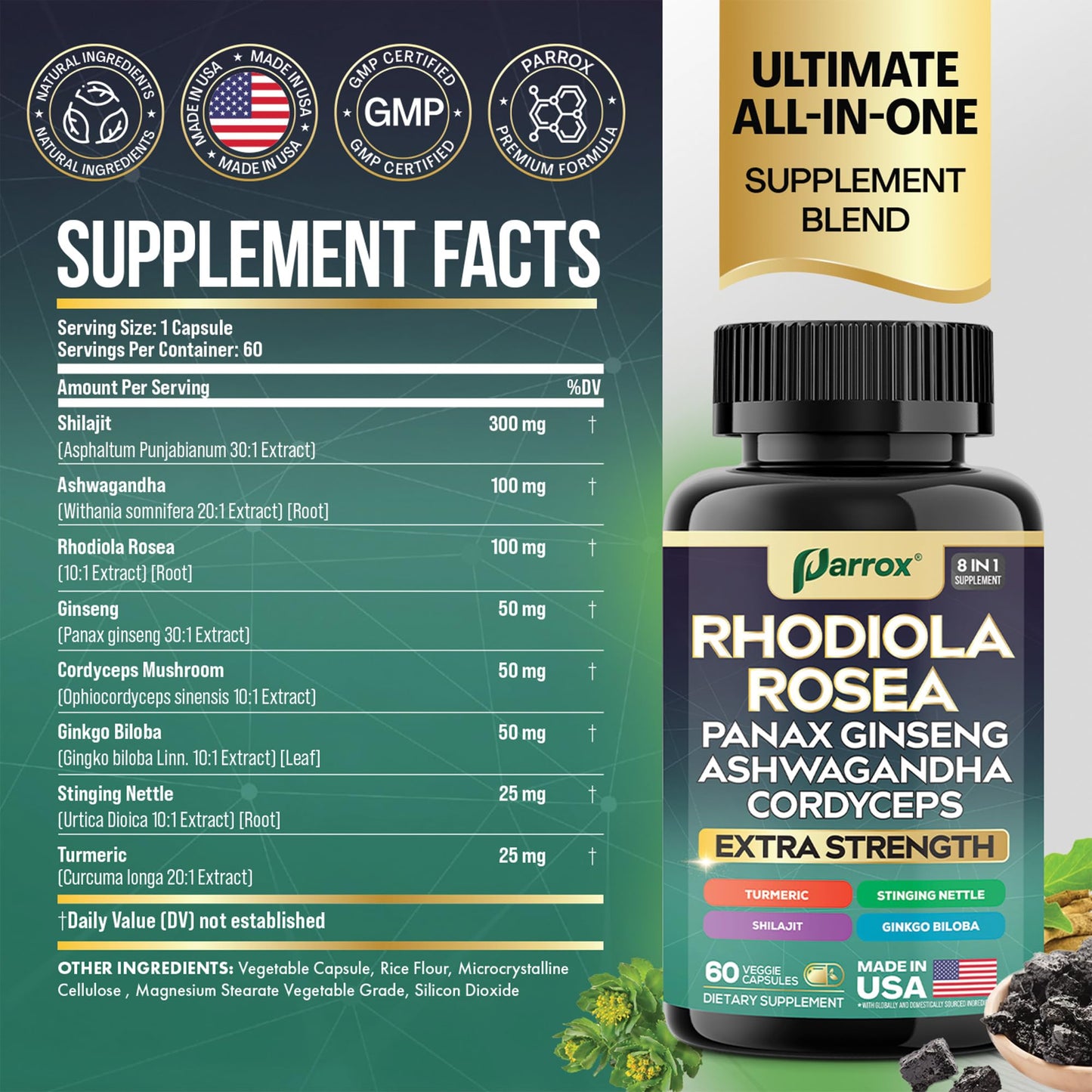 Parrox Rhodiola Rosea Panax Ginseng Ashwagandha Cordyceps Mushroom Turmeric Ginkgo Biloba Stinging Nettle Adaptogen Blend Capsules, 120 Count