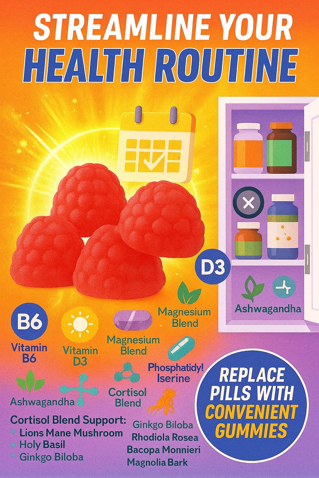 NutraPerfecto Sugar Free Cortisol Gummies with GABA, L-Theanine, Lion’s Mane, Ashwagandha, Phosphatidylserine, Vitamin D3, B6, Panax Ginseng, Ginkgo Biloba, Adrenal, Brain, Cognitive, Energy, 60 Gummies