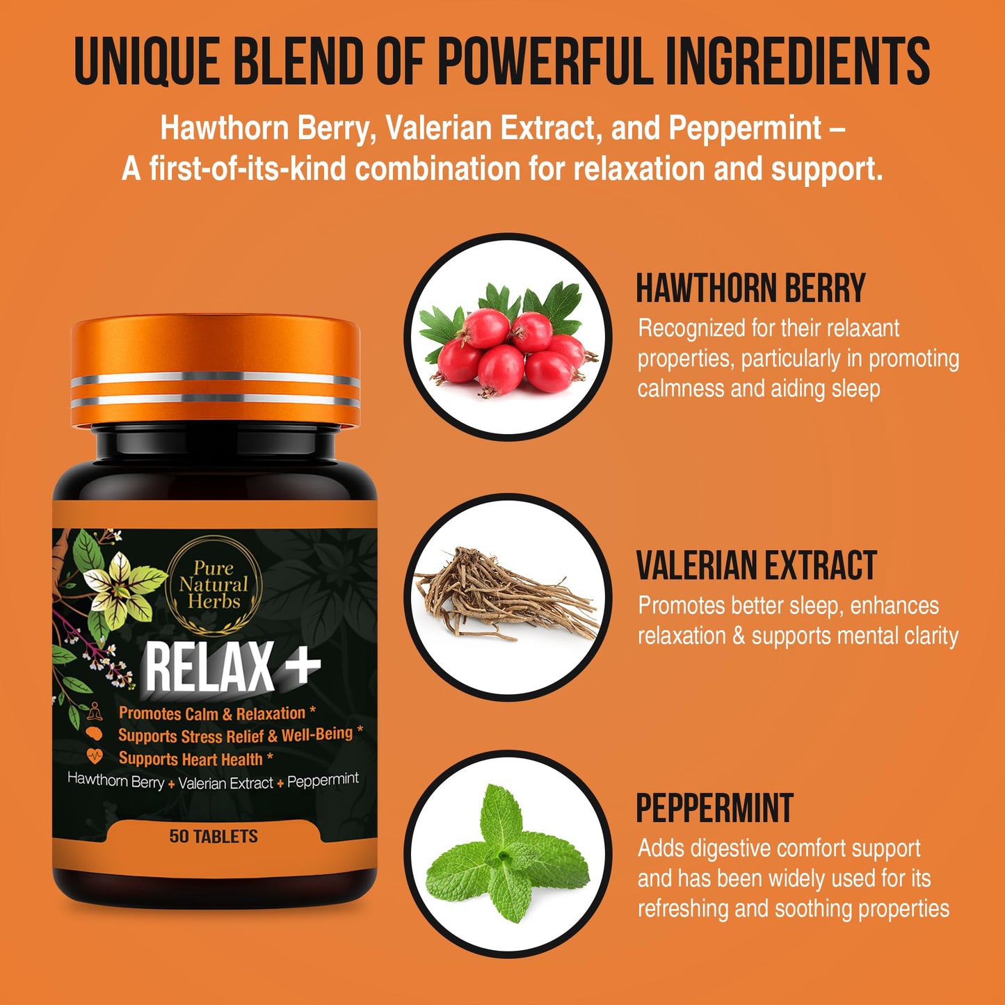 Pure Natural Herbs Valerian Hawthorn & Peppermint Tablets, 50 Count