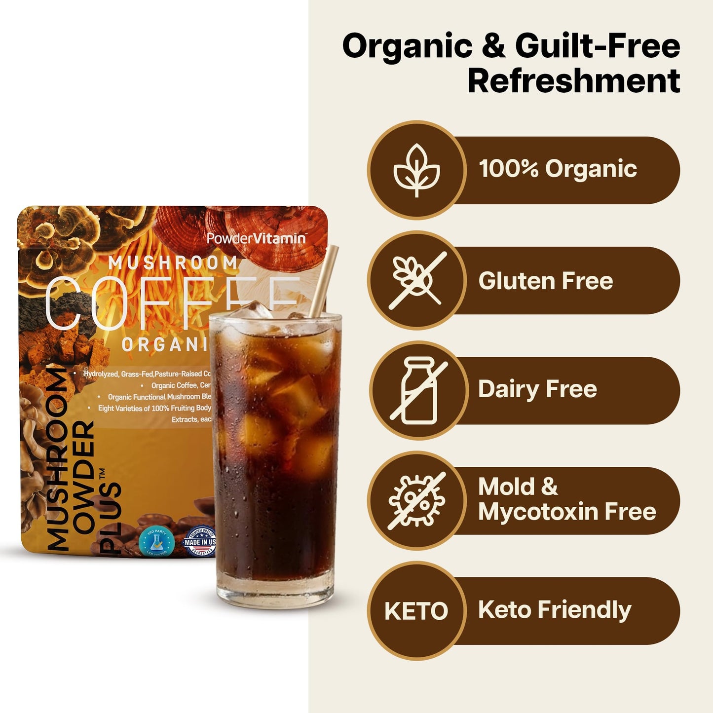 PowderVitamin Organic Mushroom Coffee Powder with Grass-Fed Collagen Types I & III, 8 Fruiting Body Mushrooms, Mold & Mycotoxin Free, Beta-Glucans Tested, Focus, Energy, Digestion & Immunity, 15 Servings, 4.5 oz