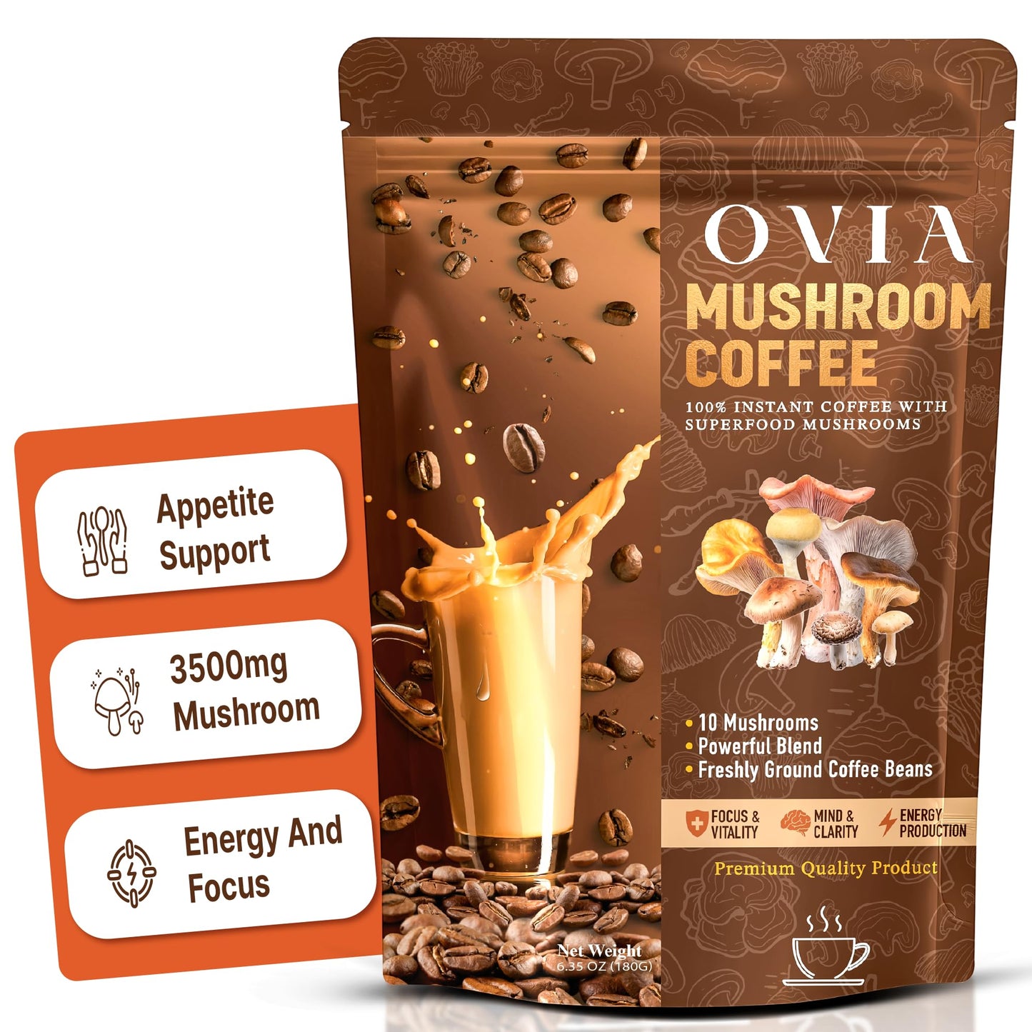 OVIA Ten Mushroom Coffee Powder, 6.35 Ounce - Low Caffeine Adaptogenic Instant Coffee with Lion’s Mane & Chaga