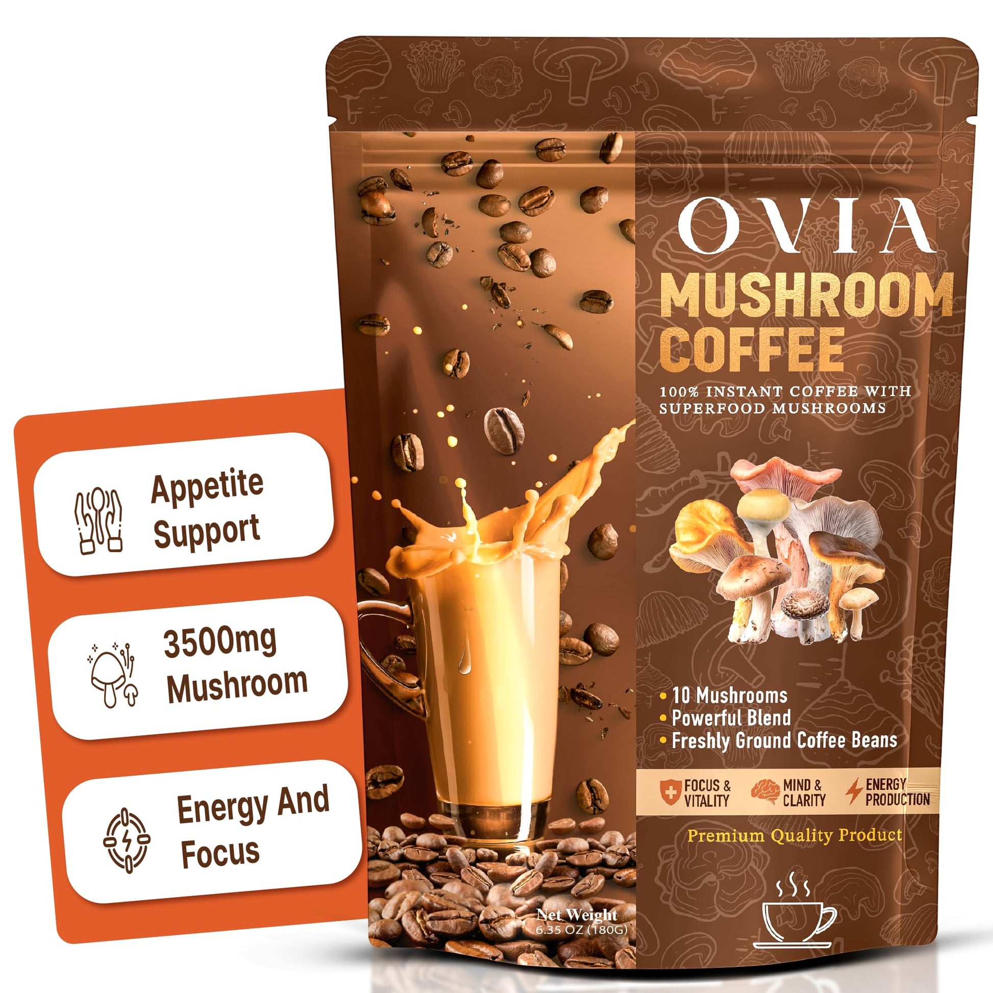 OVIA Ten Mushroom Coffee Powder, 6.35 Ounce - Low Caffeine Adaptogenic Instant Coffee with Lion’s Mane & Chaga
