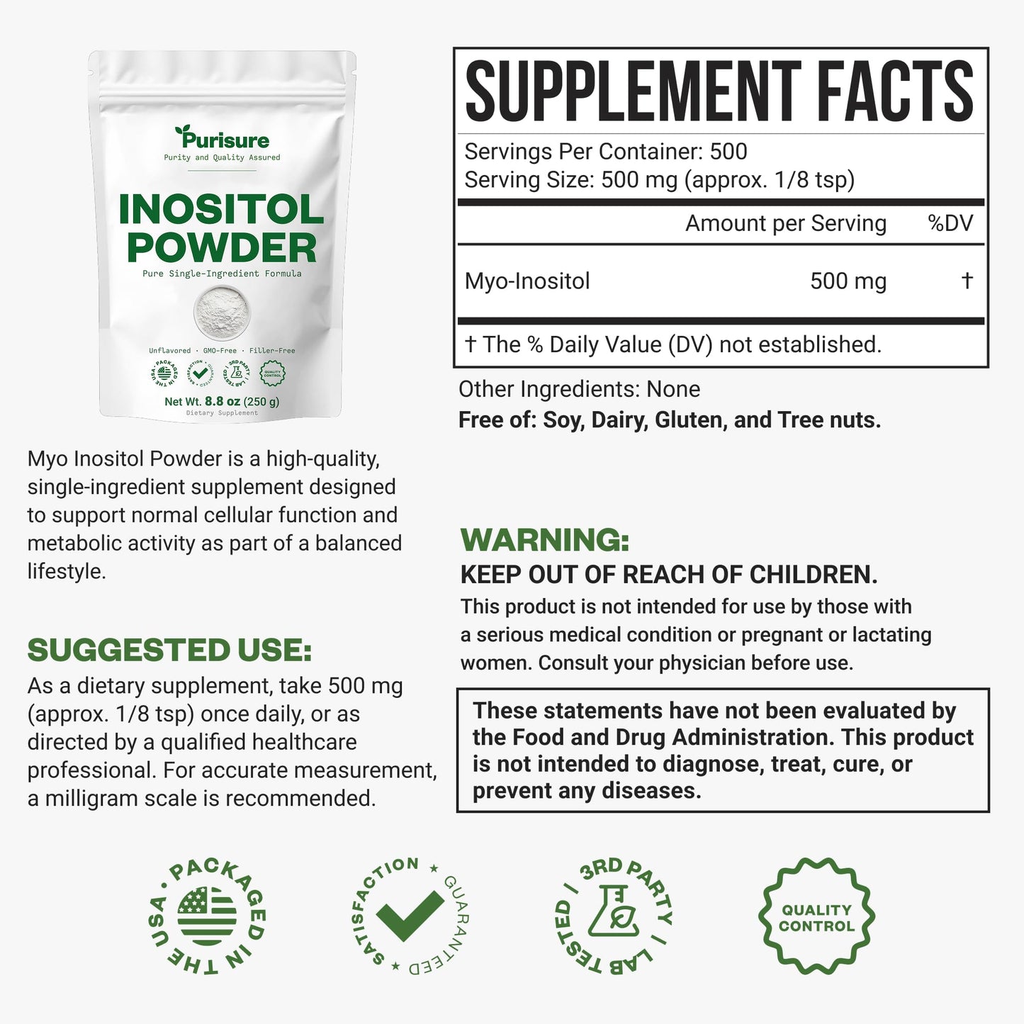 Purisure Inositol Powder, 8.81 Ounce
