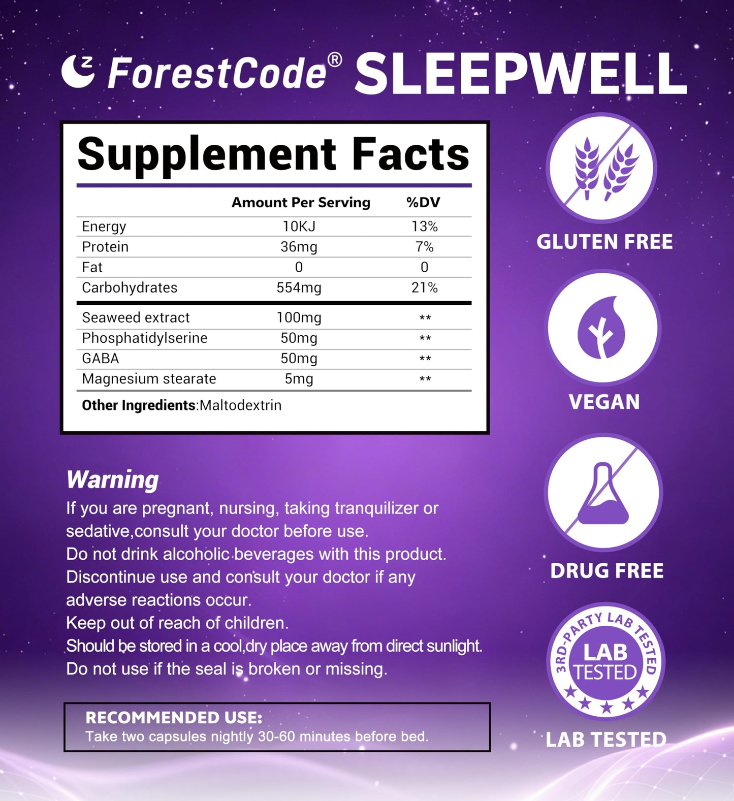 ForestCode Melatonin-Free Sleep Aid for Adults with GABA & Phosphatidylserine Capsules, 60 Count