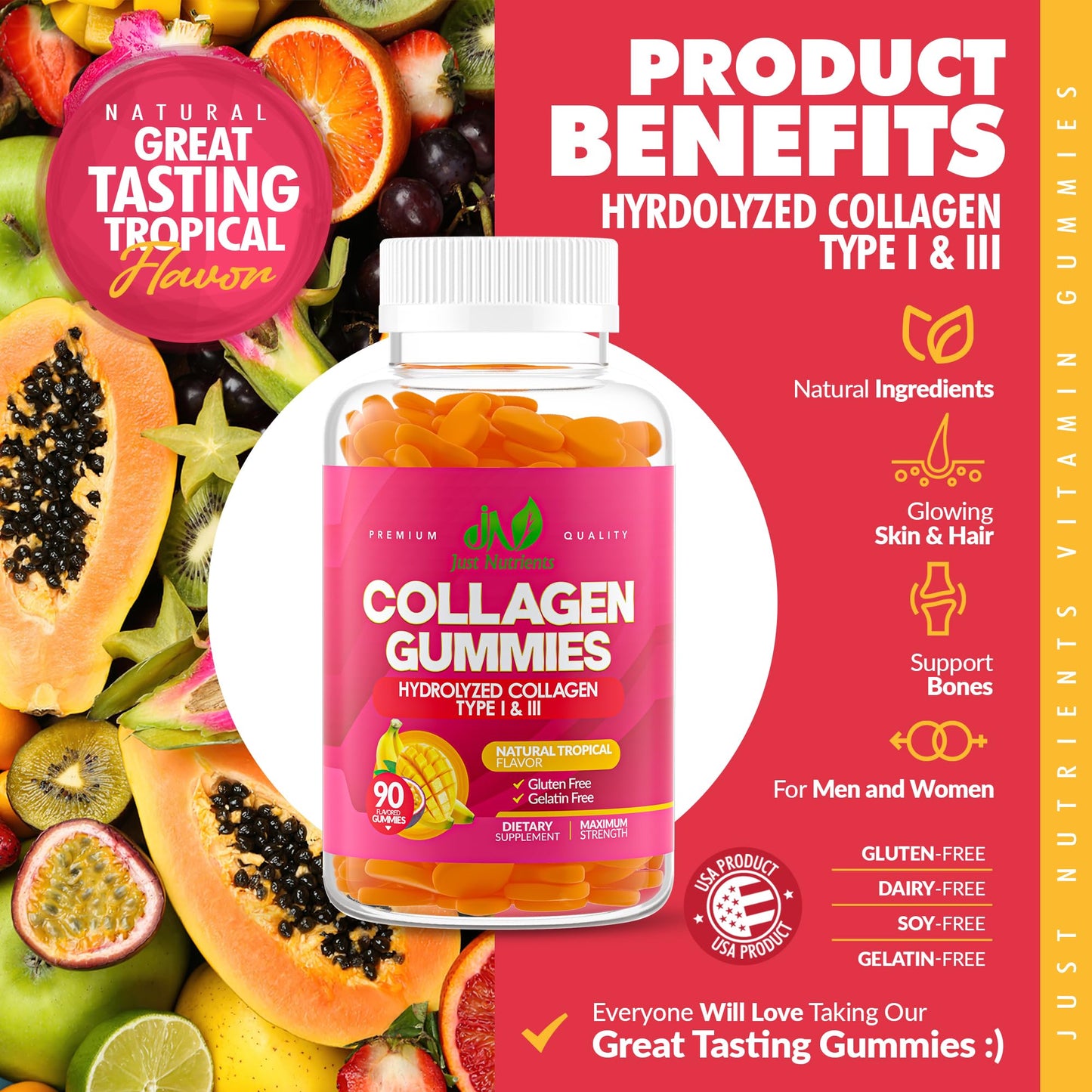 Just Nutrients Collagen Gummies, Hydrolyzed Collagen Type I & III, 90 Gummies