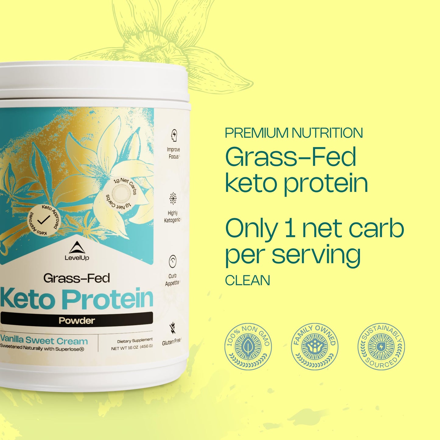 LevelUp Keto Protein with Collagen Peptides, Energizing MCT, Whey Isolate Protein Powder, Vanilla Sweet Cream, 16